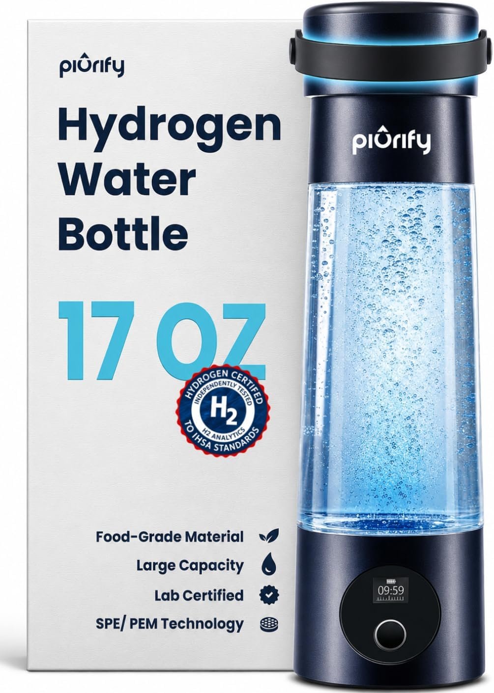 PIURIFY Hydrogen Water Bottle Generator | 9,970 PPB in 2 Cycles | 17 OZ