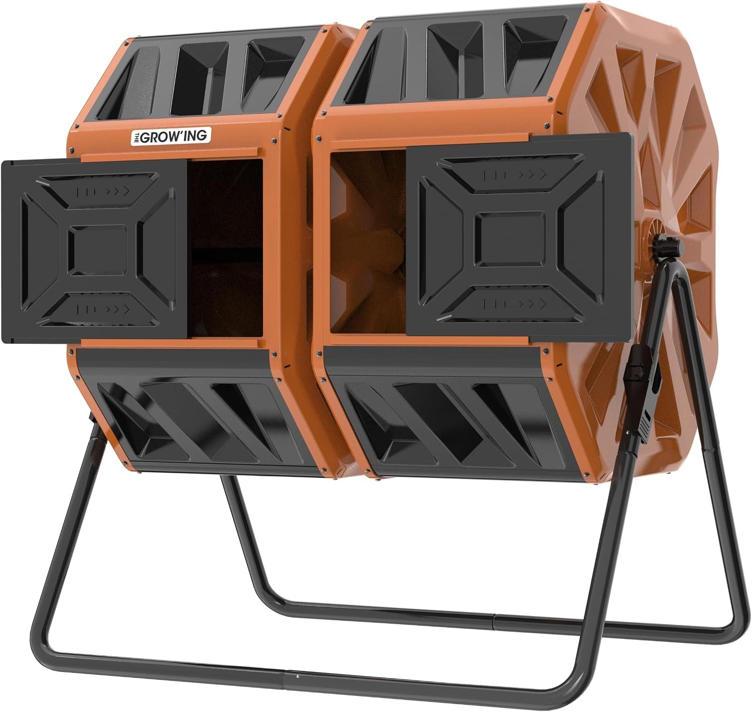 THE Growing 53 Gallon Large Outdoor Compost Bin Tumbler Barrel, Orange | Heavy duty dual 26.5gal sections for bulk yard waste. Reinforced frame adds stability. Easy bolt assembly without washers.