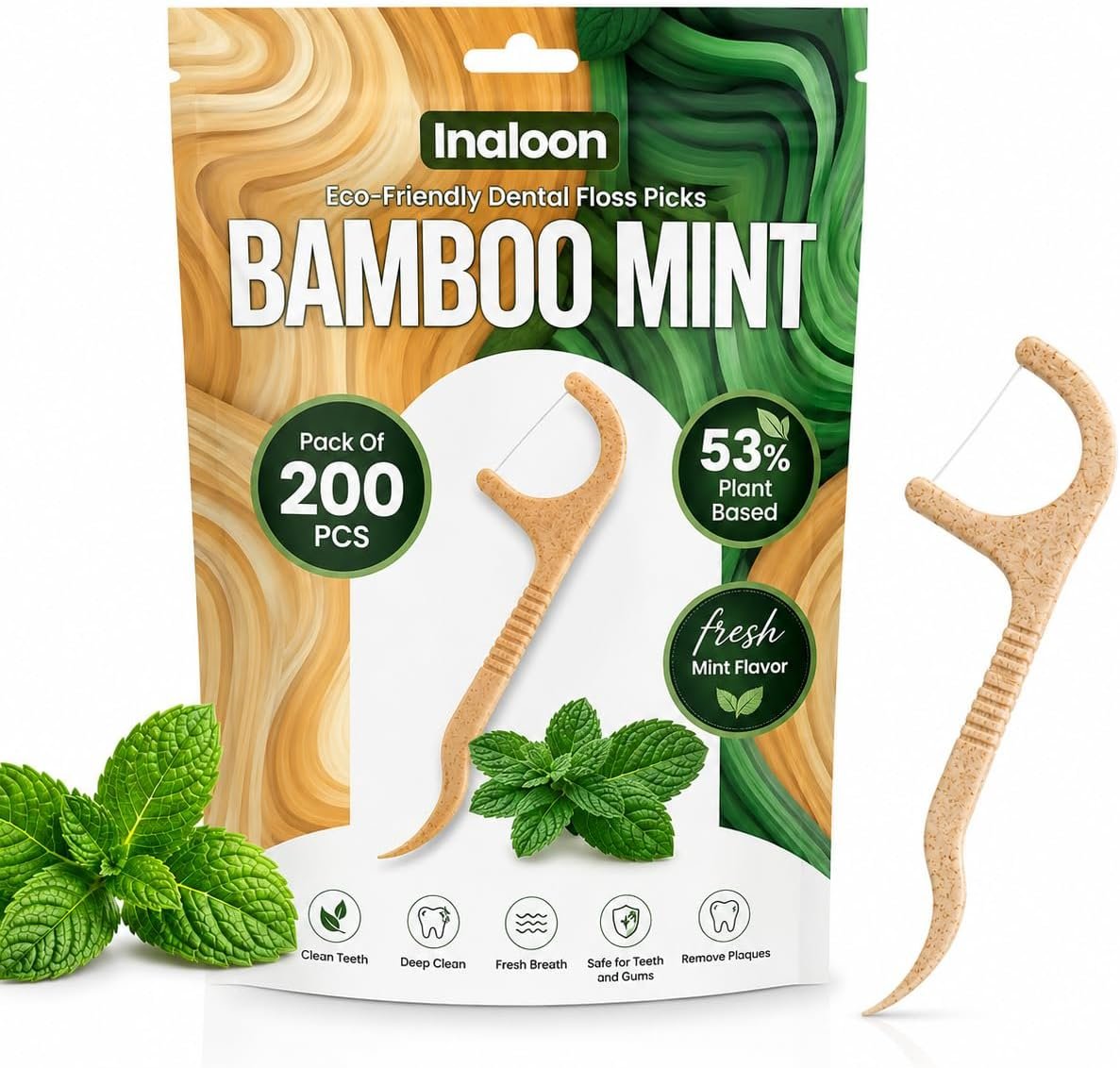 Biodegradable Dental Floss Picks 200 Count | Mint Flavored Eco-Friendly Flossers | Sustainable Natural Material Toothpicks for Fresh Breath & Oral Care (Mint)