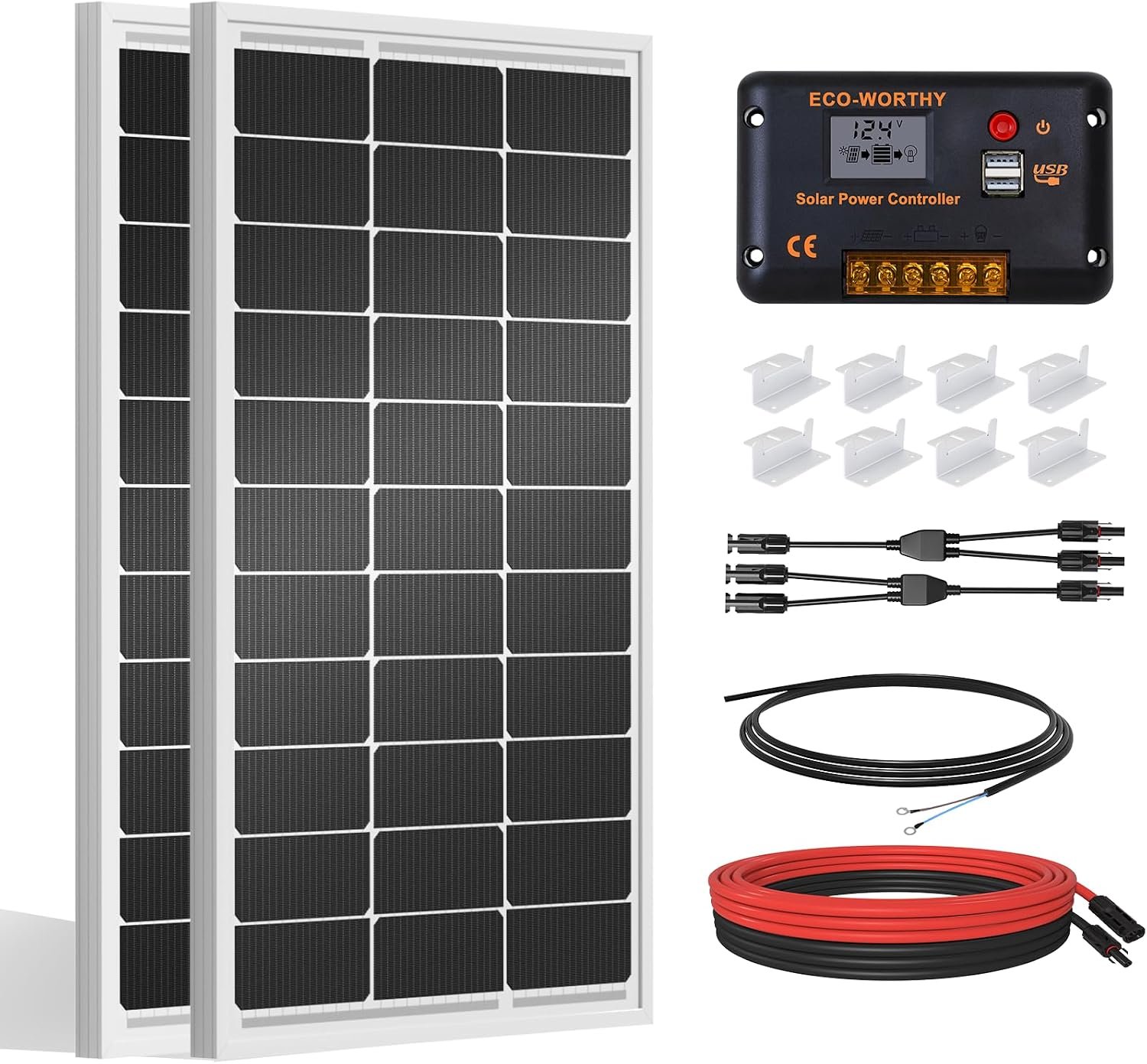 ECO-WORTHY 200 Watts 12 Volt/24 Volt Solar Panel Kit with High Efficiency Monocrystalline Solar Panel and 30A PWM Charge Controller for RV, Camper, Vehicle, Caravan and Other Off Grid Applications | 2pcs 100W N-Type 25% High Efficiency Solar Panel+30A PWM Charge Controller for RV, Camper, Vehicle, Off Grid Applications