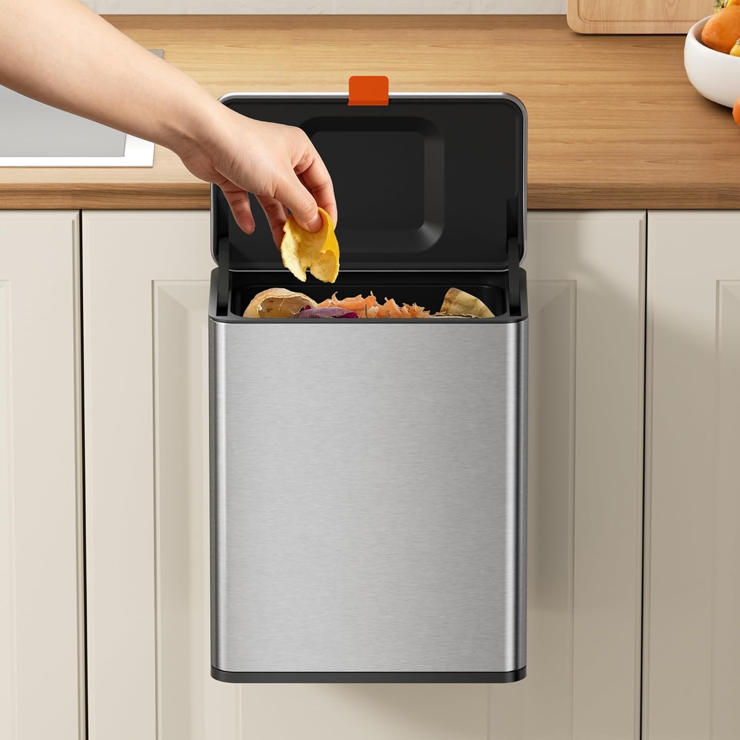 ANCALL Hanging Garbage Can with Lid, 2.1 Gal/8L Stainless Steel Kitchen Compost Bin Trash Can, Mountable on Cabinet Door, Under Sink, Countertop or Wall‑Mount, Small Waste Bin for Kitchen, RV Bedroom