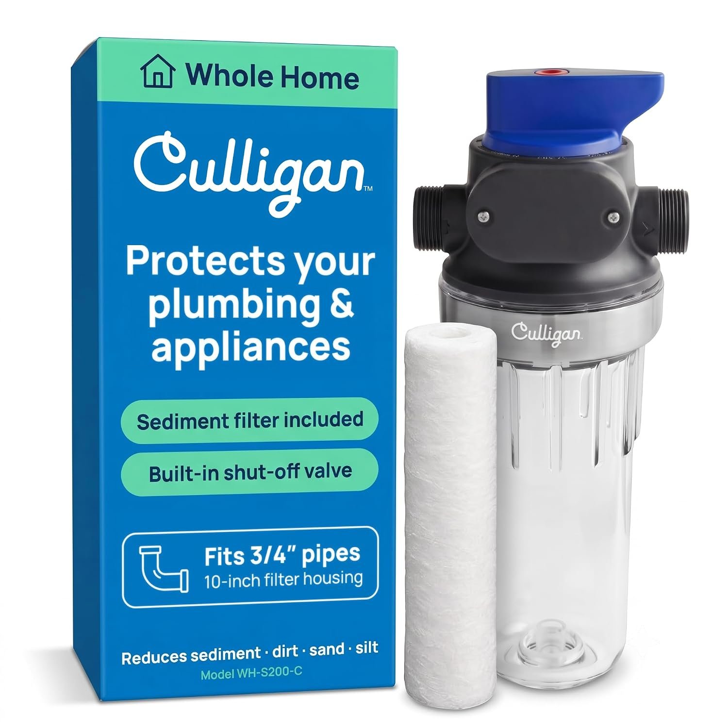 Culligan WH-S200-C Whole House Water Filter Housing – 3/4″ Inlet/Outlet, Standard Duty, Sediment Filtration System, Clear Housing, Pressure Relief Valve, NSF Certified