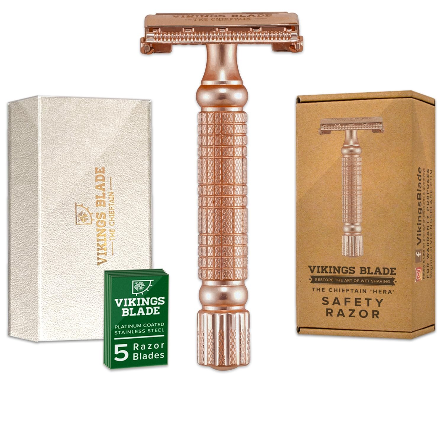 VIKINGS BLADE Double Edge Safety Razor + 5 Swedish Steel Blades + Luxury Case. Smooth, Reusable, Recyclable (Chieftain “Hera”)