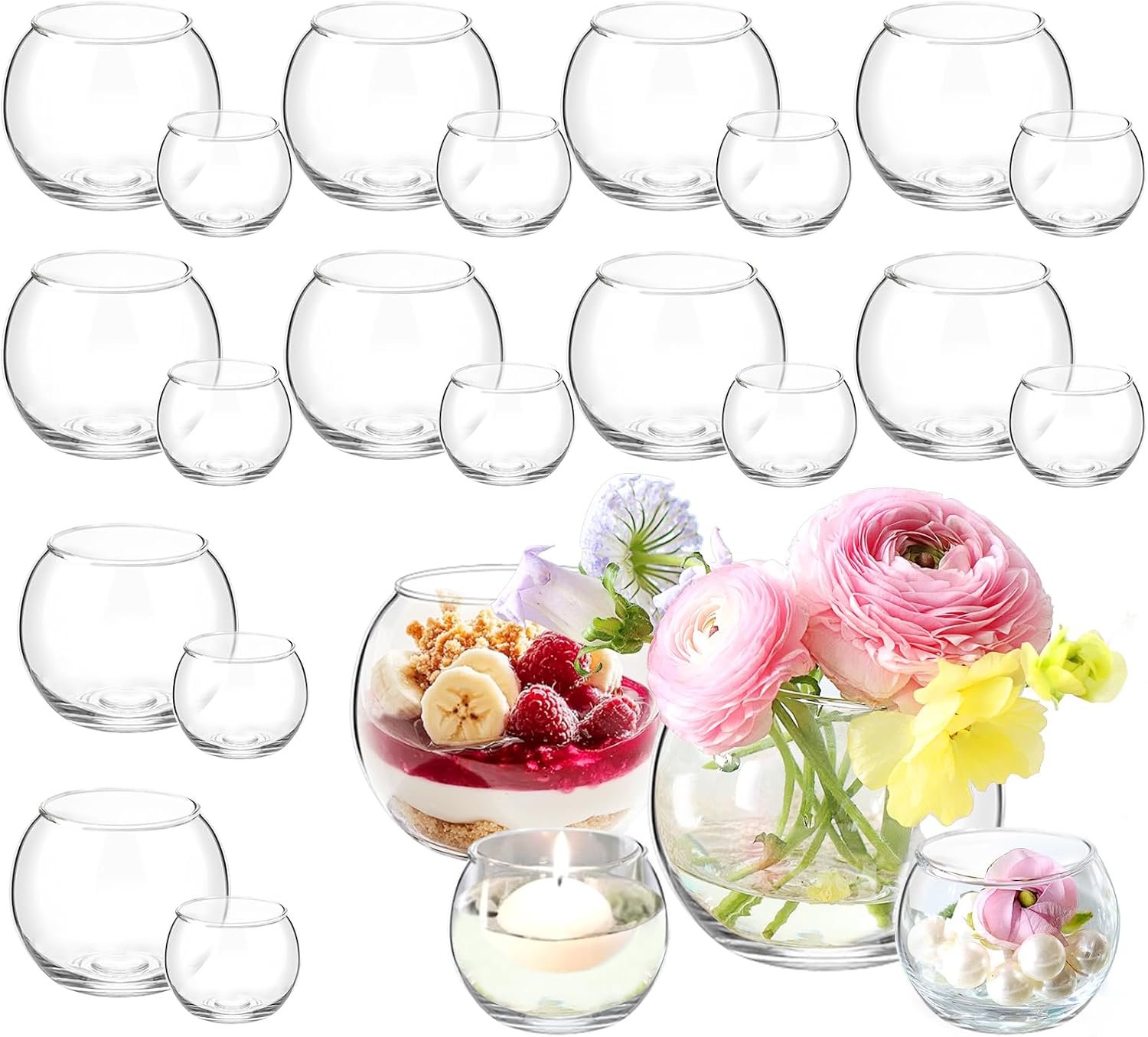 24 Pack Glass Bubble Vases,Small flower bud vases bulk,4″W x3″H Set of 12 Pcs Clear Bowl Vase,2.6″W x2.2″H Set of 12 Pcs Round Candle Holders,Mini Globe Vase Centerpiece for Wedding Party,Home Decor
