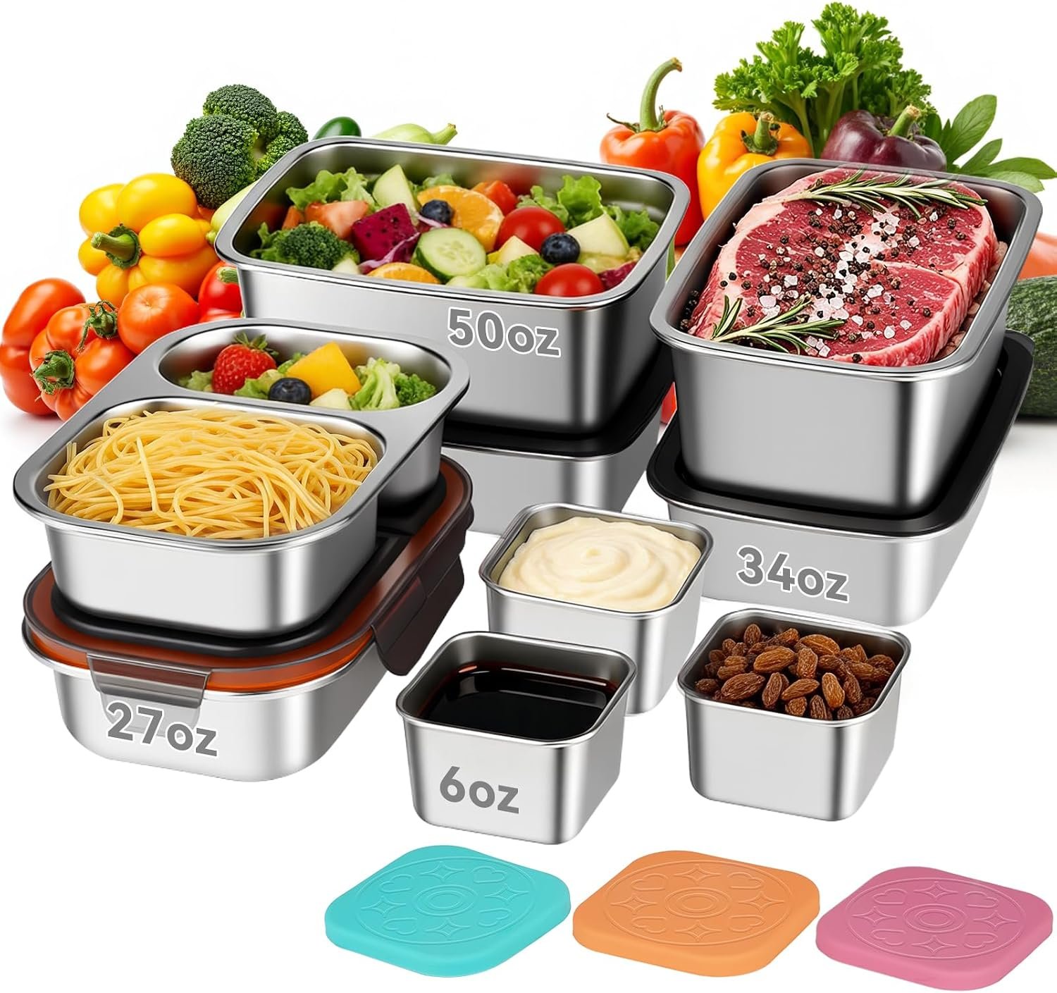 YUANYE 9 Pack 50/34/27/6oz Stainless Steel Salad Bowls with Lids & Dressing Cups, Leakproof Salad Containers Airtight Lunch Box, Small Snack Containers Oven/Dishwsher Safe for Meal Prep & Lunch To Go