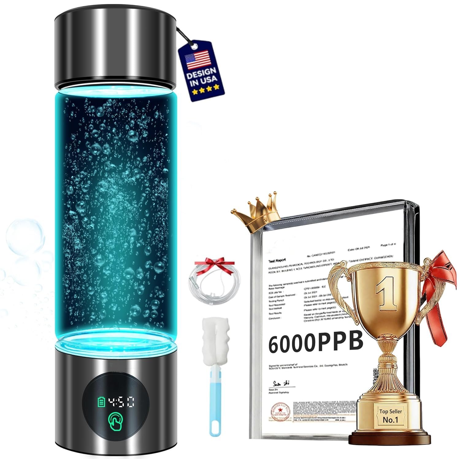 5.0 New Upgraded Hydrogen Water Bottle – Hydrogen Concentration up to 6000 PPB【Certified Hydrogen Generator】 2025 SPE/PEM Technology Odorless Double Hydrogen Content for Sports/Home/Office/Travel
