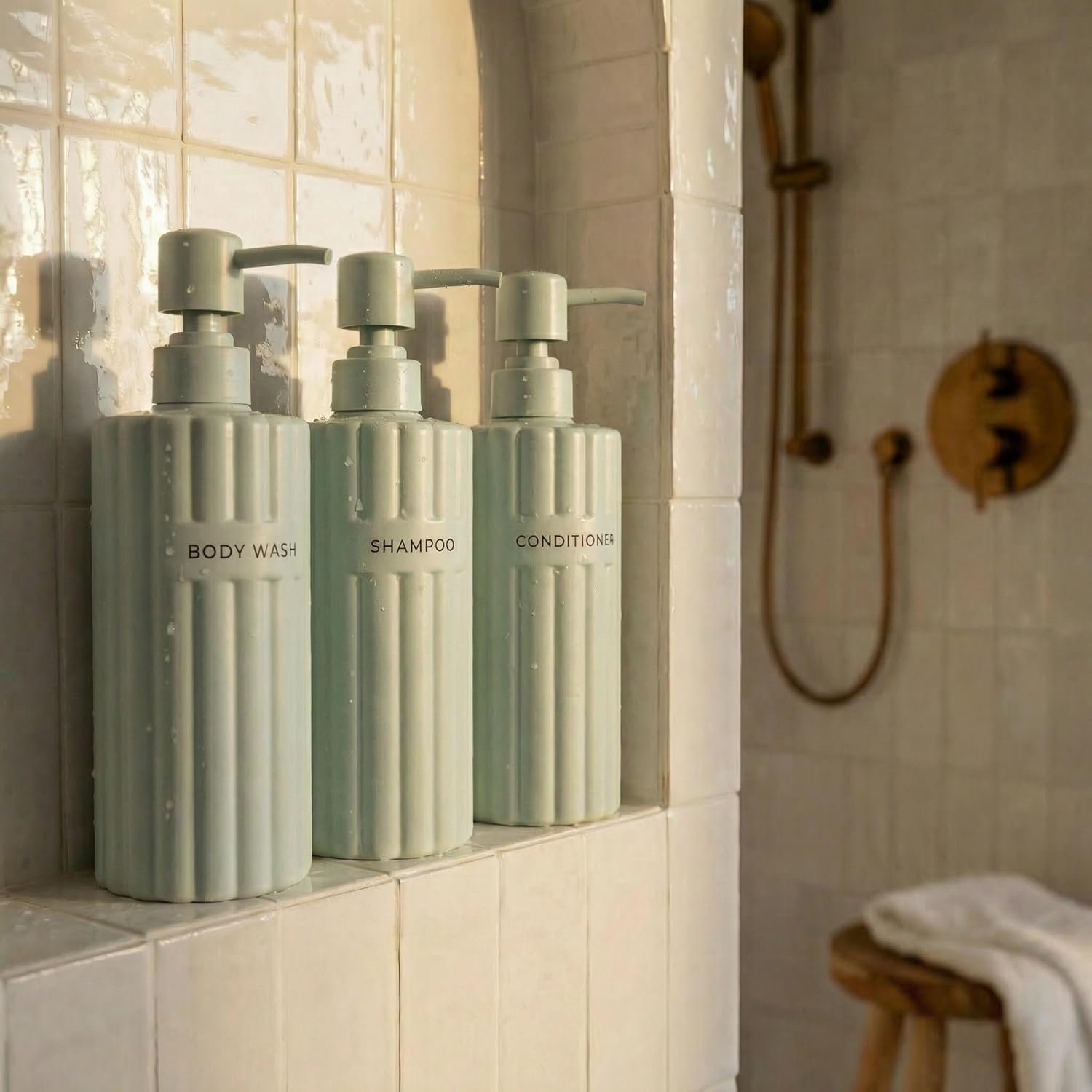 Stylish Shampoo & Conditioner Dispenser Set of 3 – Fluted 19oz Bottles | Modern Shower Soap Bottles – Easy to Refill Body Wash Dispensers for an Instant Bathroom Decor Upgrade