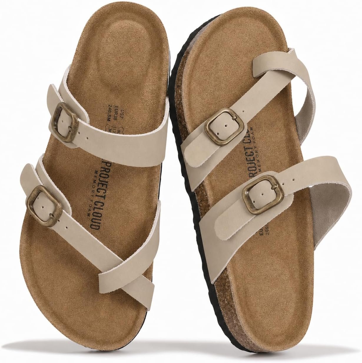 Project Cloud 100% Genuine Leather Womens Sandals Slides for Women (Lian) | Sandals Women Memory Foam Insole Cork Footbed Non Slip Sandals for Women Lightweight Beach Vacation Summer Essentials Comfort
