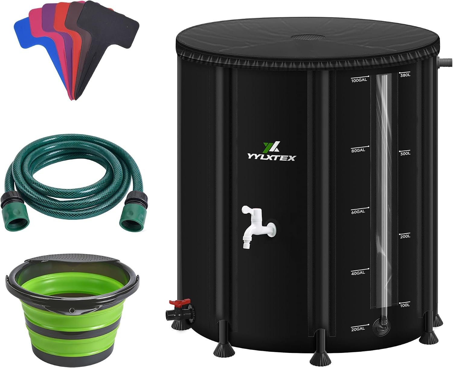 100 Gallon/380L Collapsible RainWater Collection Barrel,Water Tank&Reinforced with 2mm Frame Portable Rain Catcher,Includes Quick-Connect Tap&Sprinkler,Heavy Duty 0.6mm PVC for Long-Lasting Use,Black