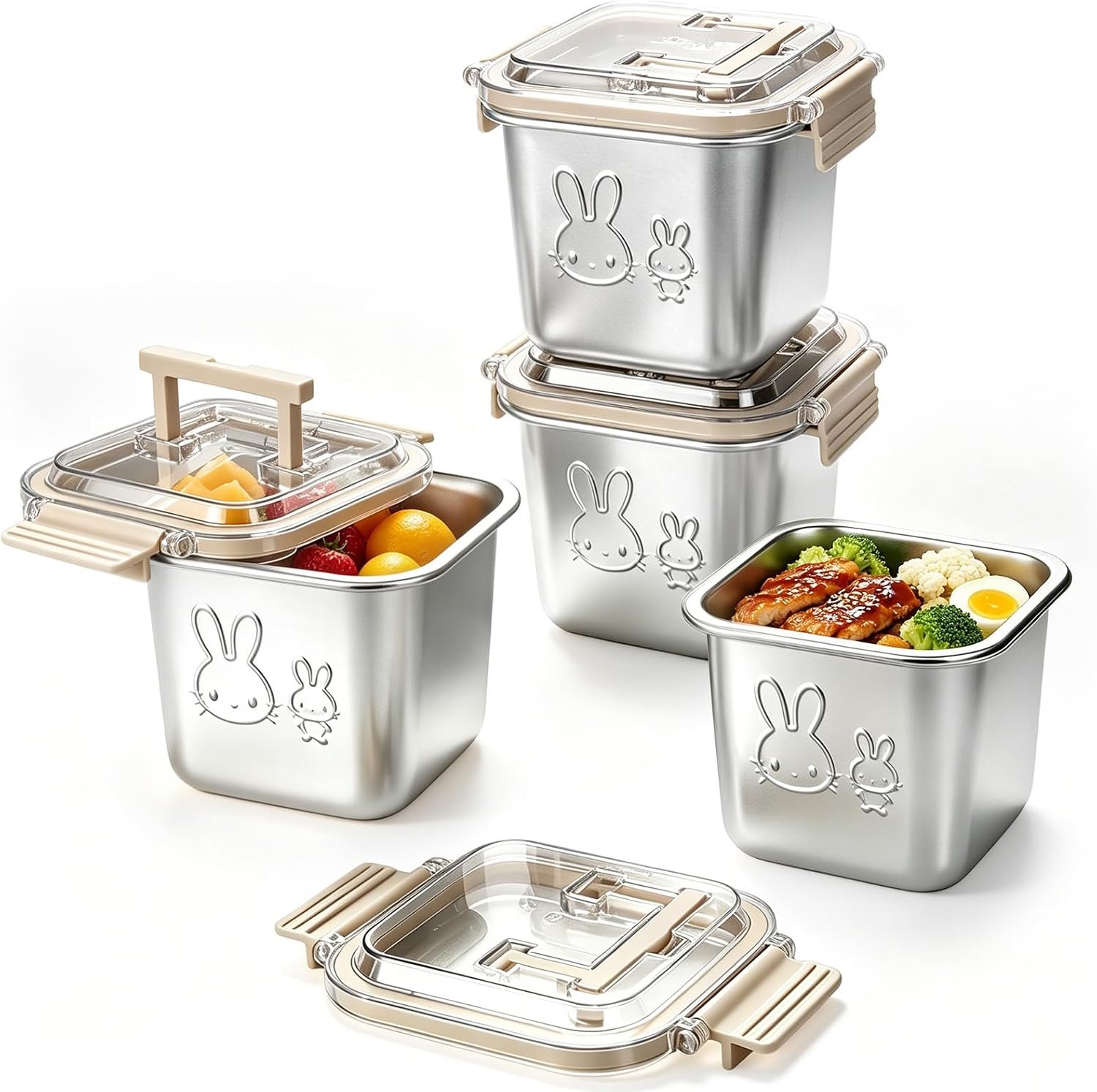 4 Pack Stainless Steel Food Containers with Handle Lids, 850ml 29oz 100% Leakproof Stackable Lunch Box Set, Reusable Metal Snack Containers with Rabbit Print, Food-grade, Dishwasher Safe