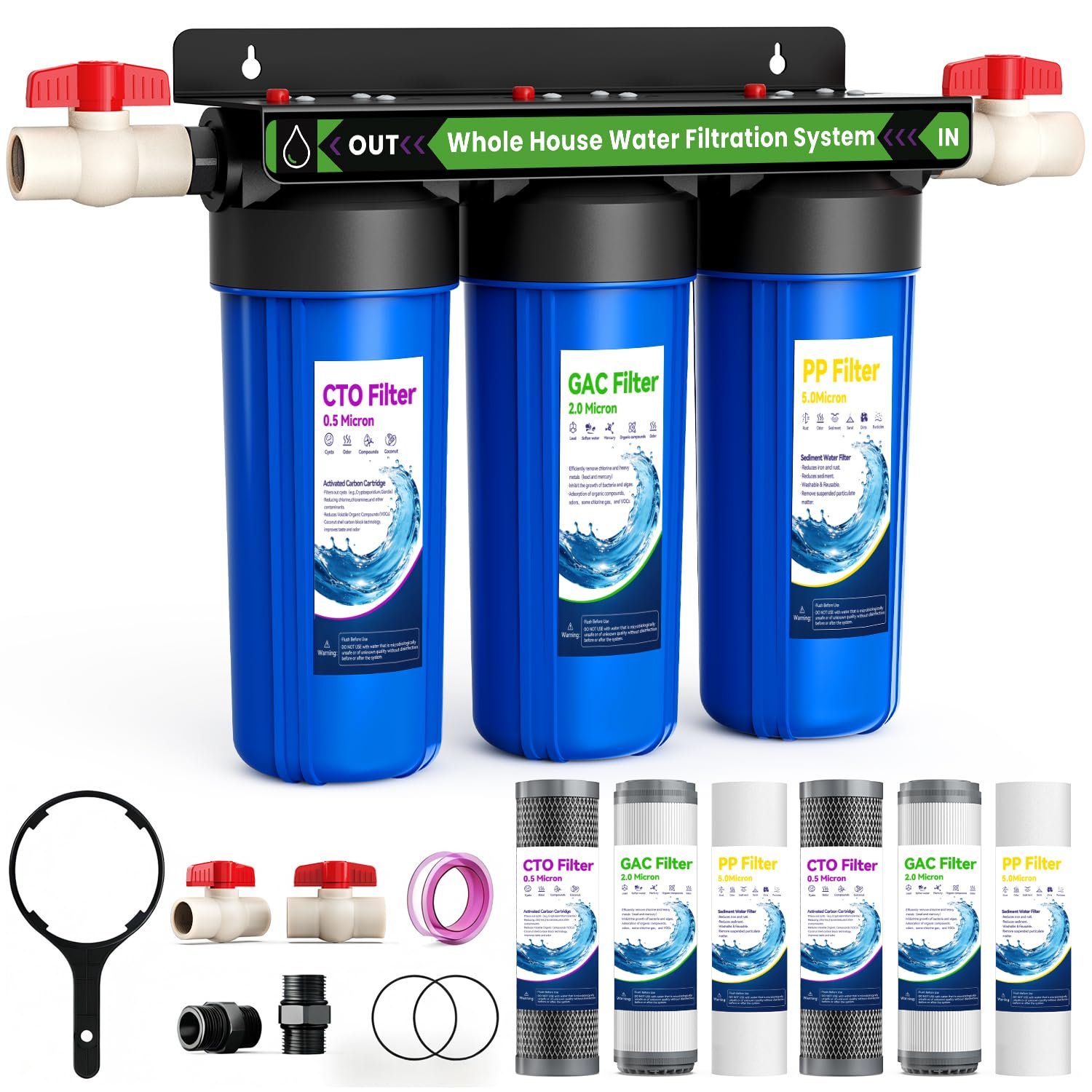 Whole House Water Filter System with 9 Filters, 0.5 Micron,3/4″ Ports