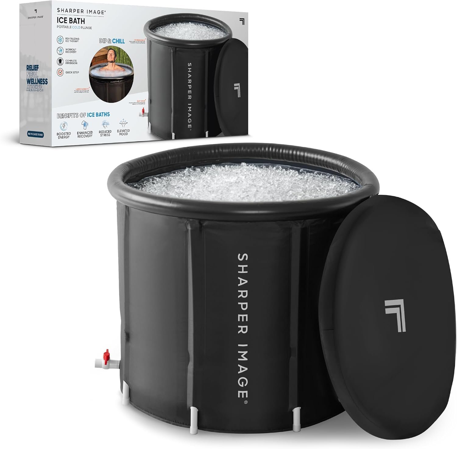 Sharper Image Insulated Ice Bath Cold Plunge Tub with Lid, 31.5″ x 29.5″, Portable Inflatable Bathtub, Helps Boost Energy & Muscle Recovery, Cold Therapy for Athletes & Adults up to 6’5″ & 250 Lbs