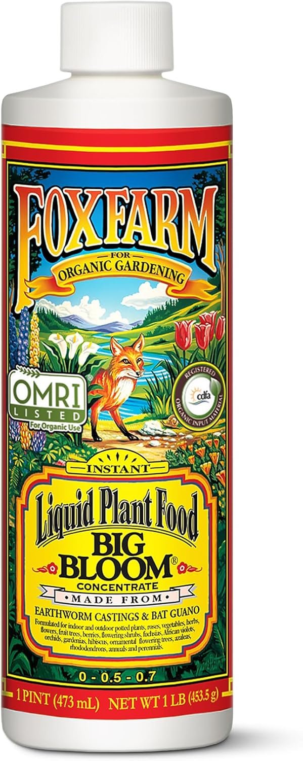 Fox Farm Big Bloom Liquid Plant Food – Organic Bloom Fertilizer for Flowering & Fruiting Plants, Contains Earthworm Castings & Bat Guano – Supports All Stages of Plant Growth – 0-0.5-0.7 NPK, 1 Pint