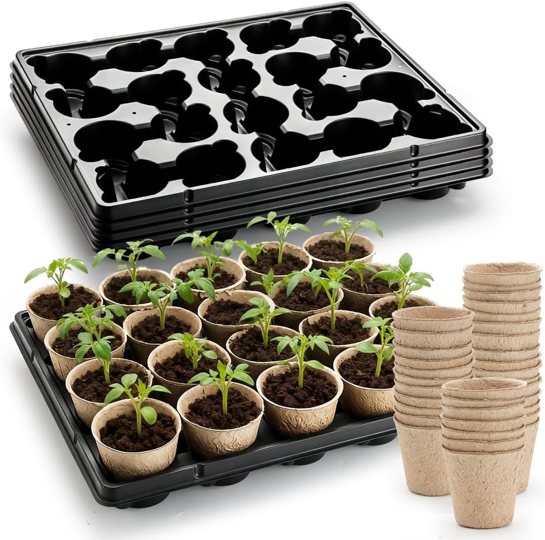 RooTrimmer 3.15 Inch Peat Pots 100 Pcs with 20 Cell Seedling Trays 5 Pcs, Biodegradable Seed Starter Pots with Drainage, Reusable Nursery Tray for Seed Starting Indoor Gardening Propagation Kit 5 Sets