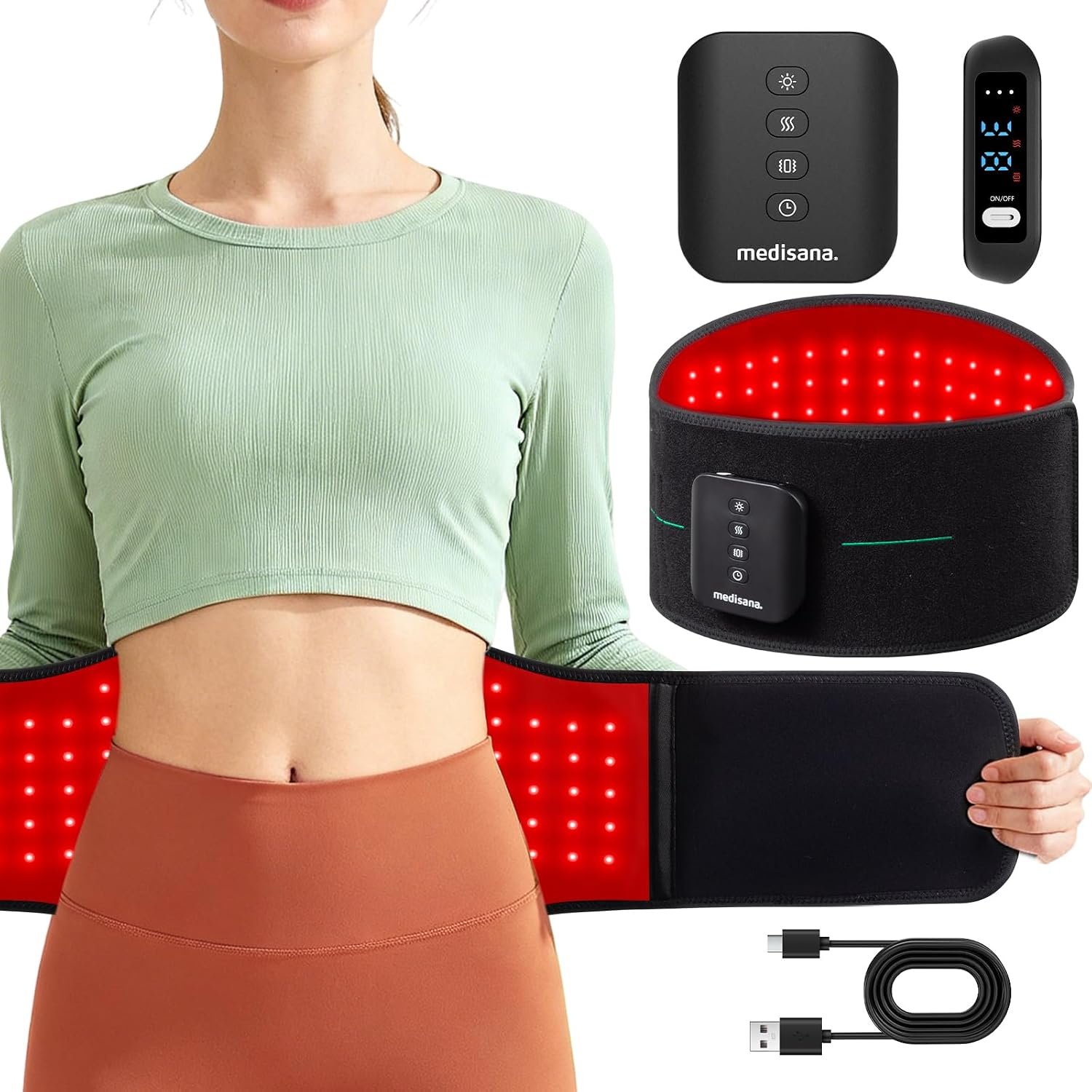 Medisana 3-in-1 Red Light Therapy Belt, Cordless & Portable Infrared Red Light Therapy for Body with Red Light/Pulse/Heat/Vibration – 660nm/850nm for Back Pain Relief, Adjustable Fit for Waist & Back