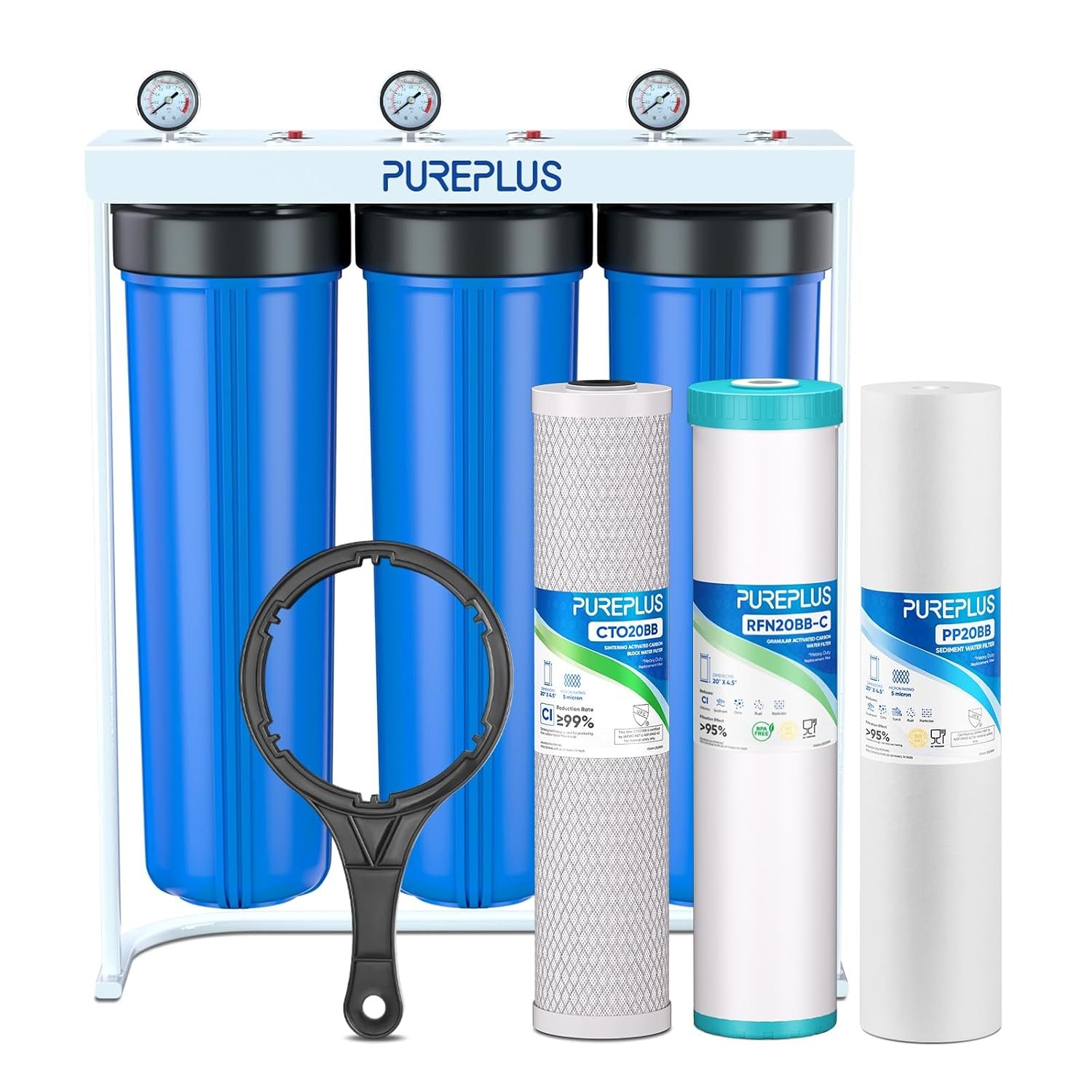 PUREPLUS 20″ 3-Stage Whole House Water Filter, Sediment, GAC, Carbon Block