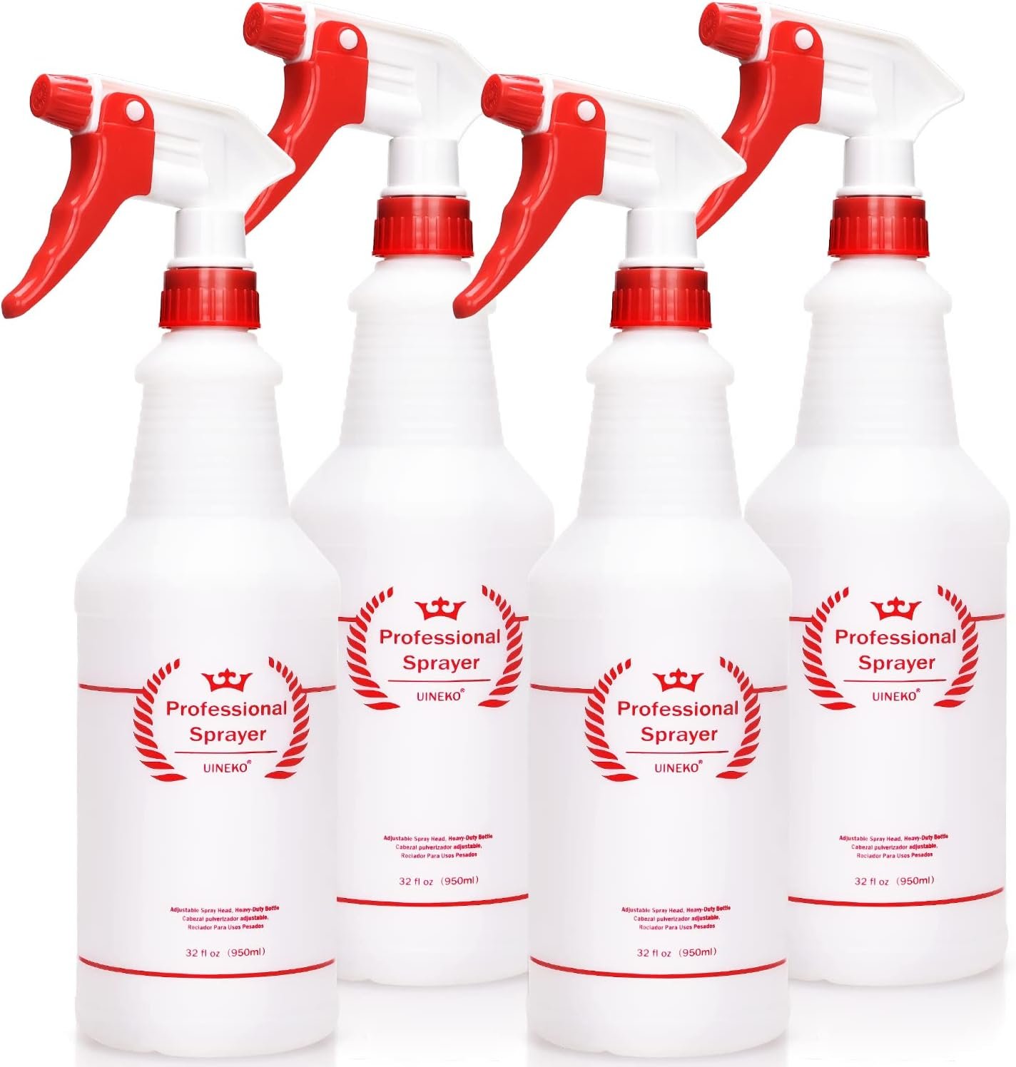 Uineko Empty Spray Bottles, Heavy Duty Sprayer, Mist & Stream, 4 Pack 32 Oz | Professional Spray Bottle, Leak-Proof, Better Trigger, Measurements, All-Purpose for Cleaning Solutions, Planting, Detailing