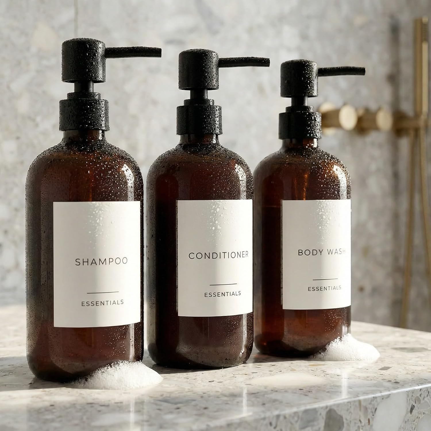 Stylish Shampoo and Conditioner Dispenser Set of 3 – Modern 21oz Shower Soap PET Bottles with Pump and Labels – Easy to Refill Body Wash Dispensers for an Instant Bathroom Decor Upgrade