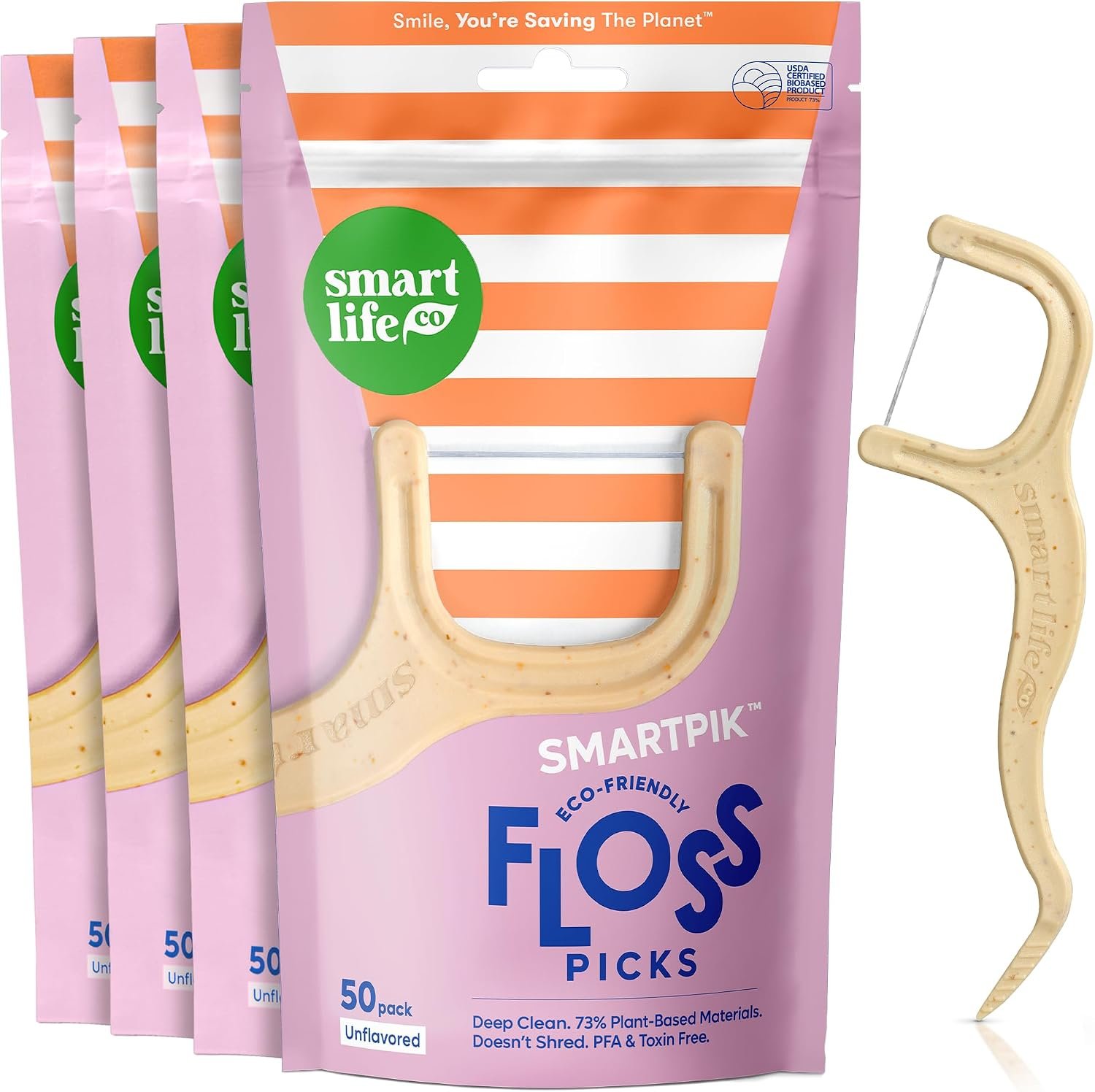 SmartLifeco Eco-Friendly Dental Floss Picks (200ct) – Flossers Made With Straw Wheat Blend, Strong Anti-Shred Thread For Tight Gaps, Tooth Pick Stick For Adults, Soft on Gum & Teeth, Vegan, Unflavored