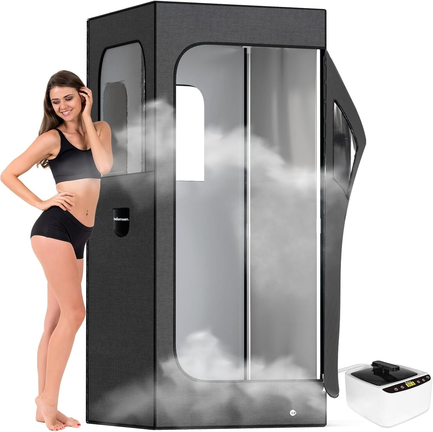 Adamson Full Size Portable Steam Sauna – Indoor Sauna Tent for Home Spa Relaxation – Boost Health and Recovery – 2.6L 1000W Steamer – Chair – Remote – Foot Massager – New – Nylon Black