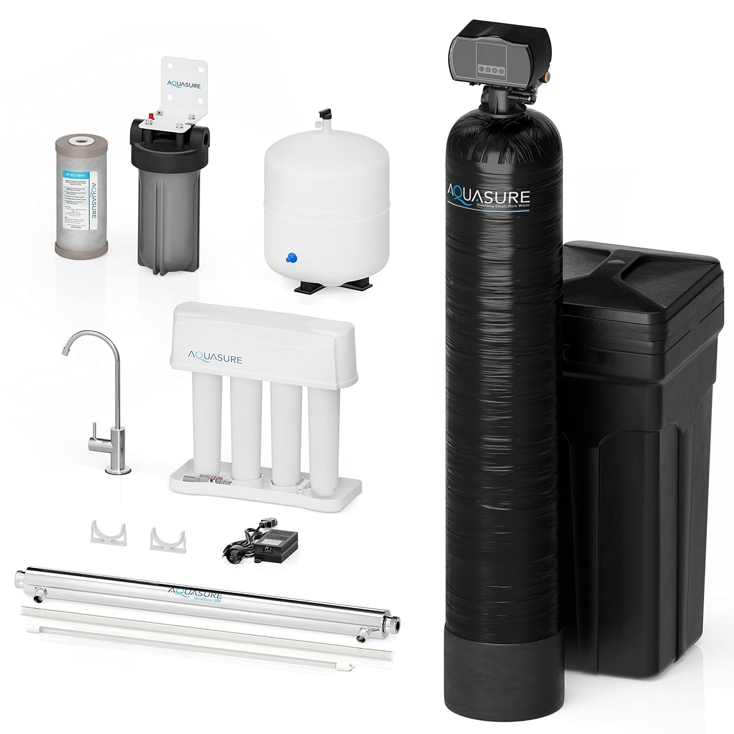 Aquasure Whole House 48,000 Grain Water Softener with 12 GPM UV Water Sterilizer System – Triple Purpose Pre-Filter – 75 GPD RO System Bundle