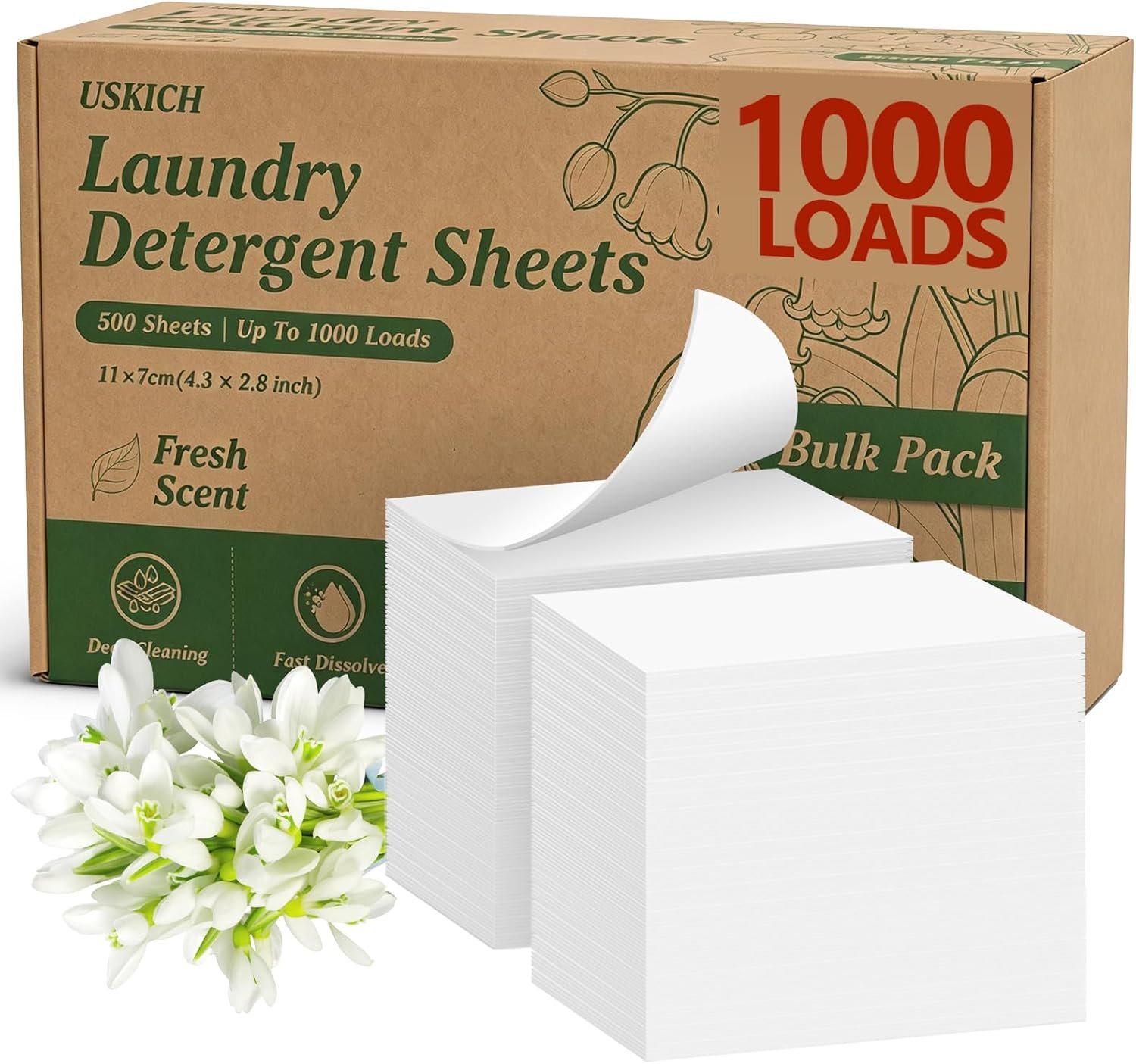 USKICH Laundry Detergent Sheets Up to 1000 Loads, Eco-Friendly Quick Dissolve Formula, Hypoallergenic Powerful Cleaning, Plastic-Free Laundry Sheets for Home, Dorm and Travel