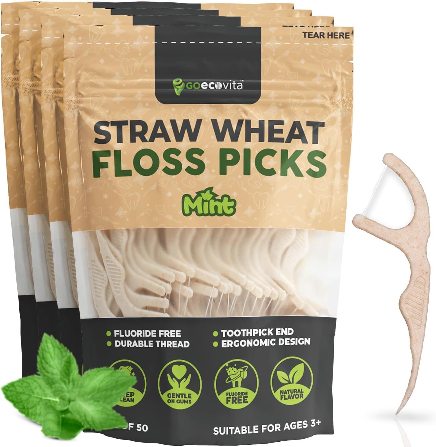 Dental Floss Picks – Straw Wheat Handle Flossers | Thin & Shred-Resistant Thread for Tight Gaps | Flossers for Adults | Gentle on Gums & Teeth | Gluten-Free & Vegan (200 Pack, Mint)