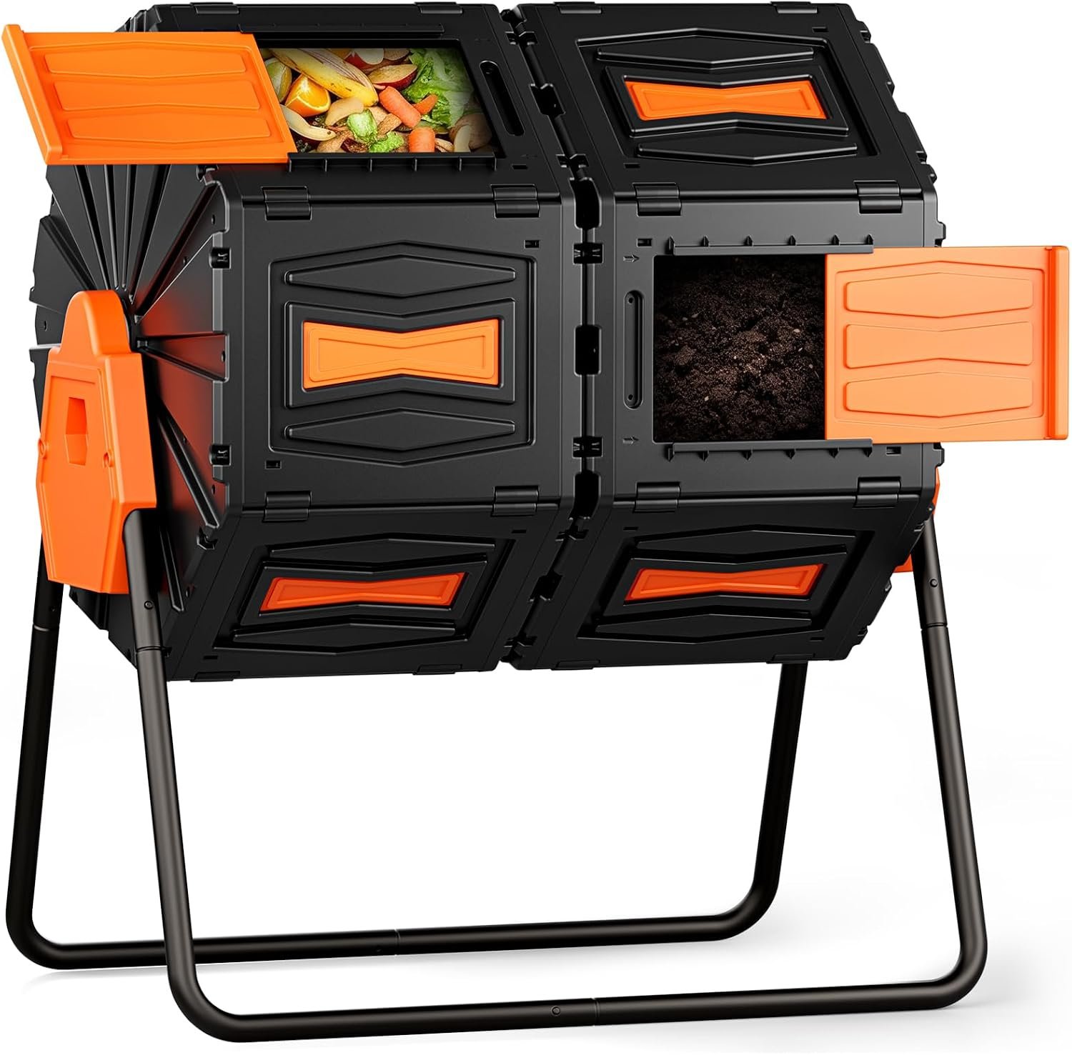 Compost Tumbler, Easy Assemble & Efficient Outdoor Compost Bin, 45 Gallon/170 Liter Large Dual Chamber Rotating Composter for Garden, Kitchen, and Yard Waste, Orange Door