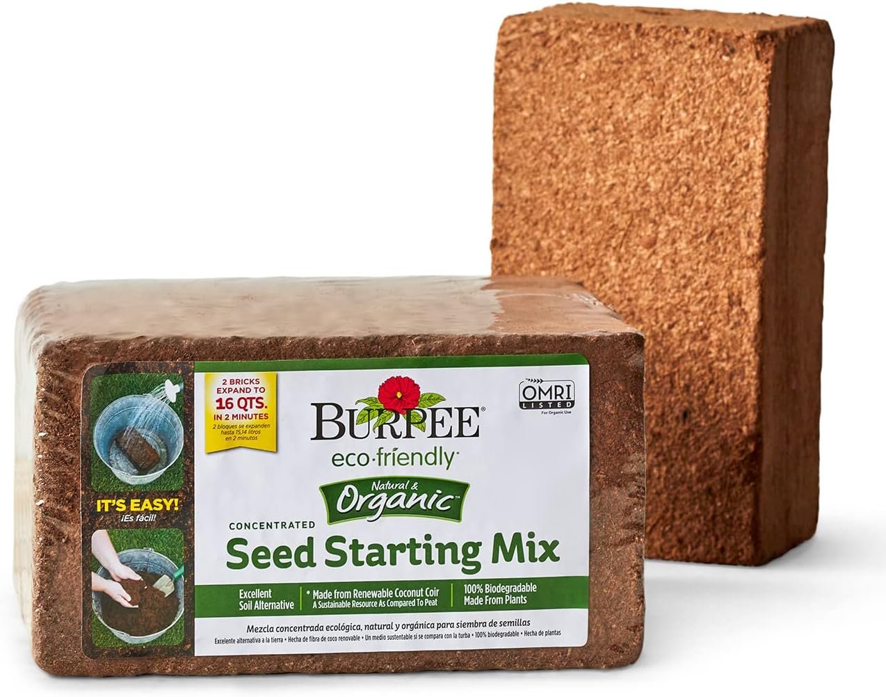 Burpee Organic Coconut Coir Seed Starting Mix, Expands to 16 Quarts | OMRI Listed coconut coir expands with water to 16 qts of growing mix; ideal for seed starting and seedlings.