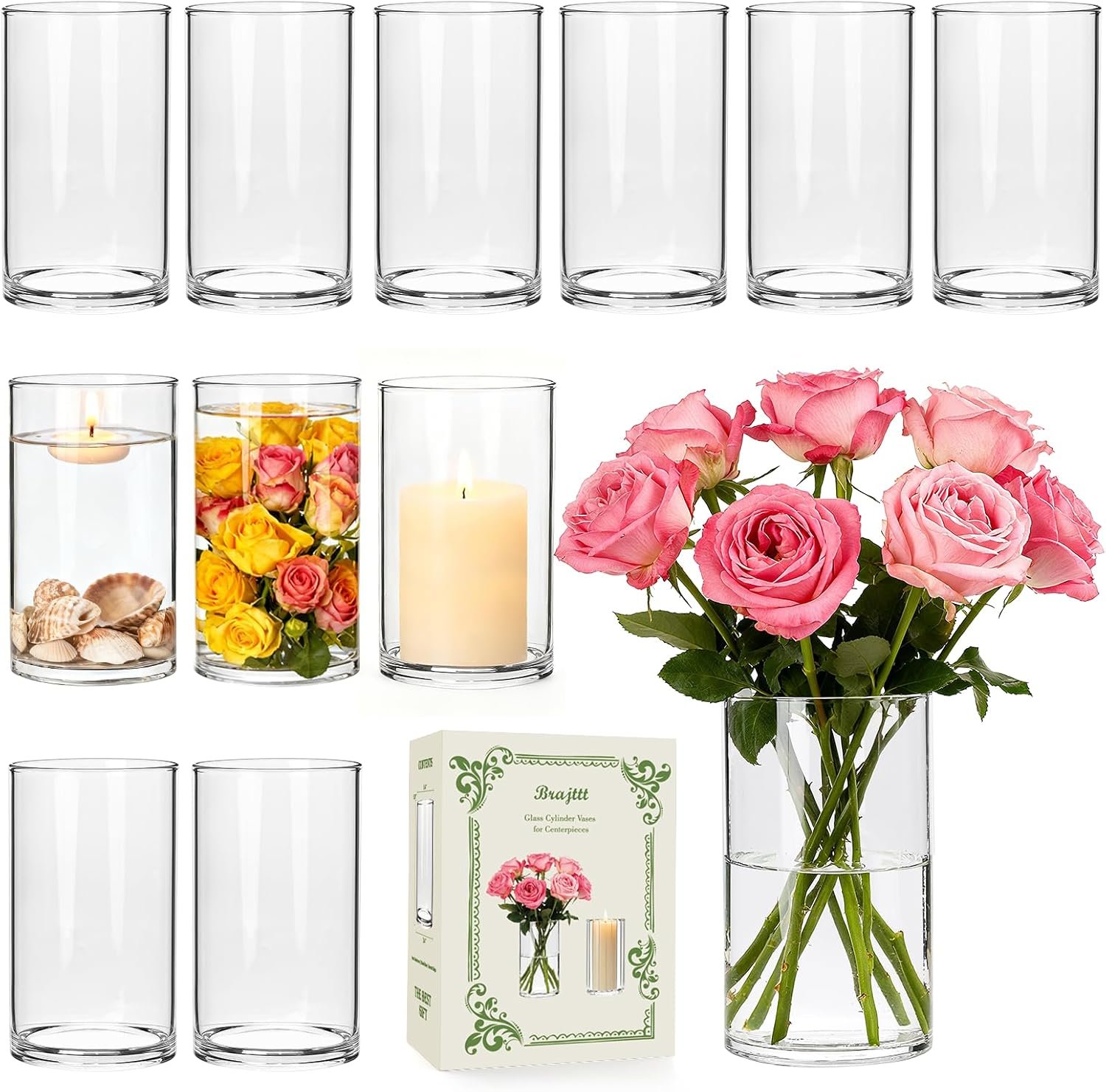 12pcs Thick Glass Cylinder Vase, 6 Inch Clear Glass Flower Vases | Floating Candle Holders for Centerpieces,Cylinder Vases Bulk Weighted Base for Wedding, Home & Dining Table Décor Gift