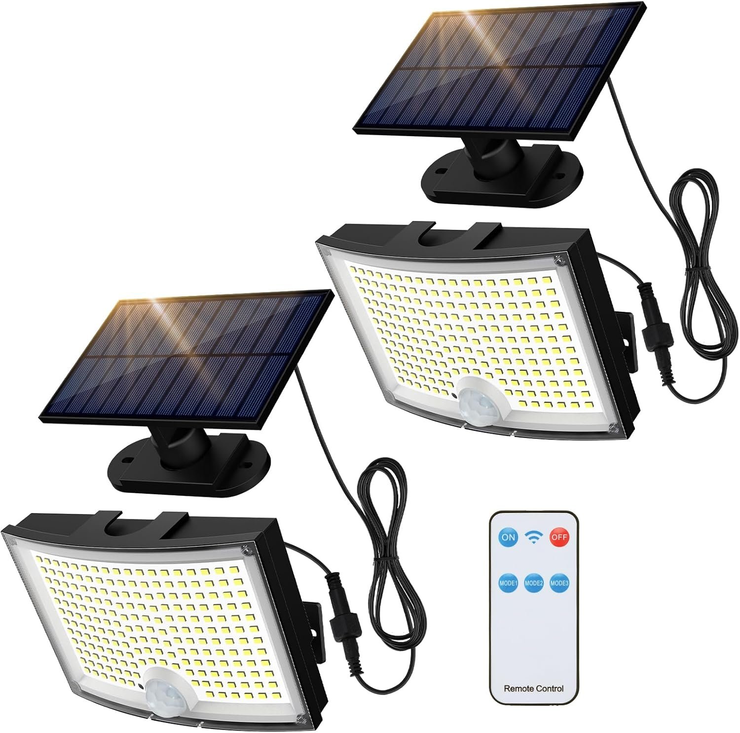 Solar Outdoor Lights 2Pack, 202 LED Flood Lights with 16.4 ft Cable | Remote Control Solar Motion Sensor Outdoor Lights, 3 Modes Solar Powered Security Lights for Outside Patio Yard Garage Garden