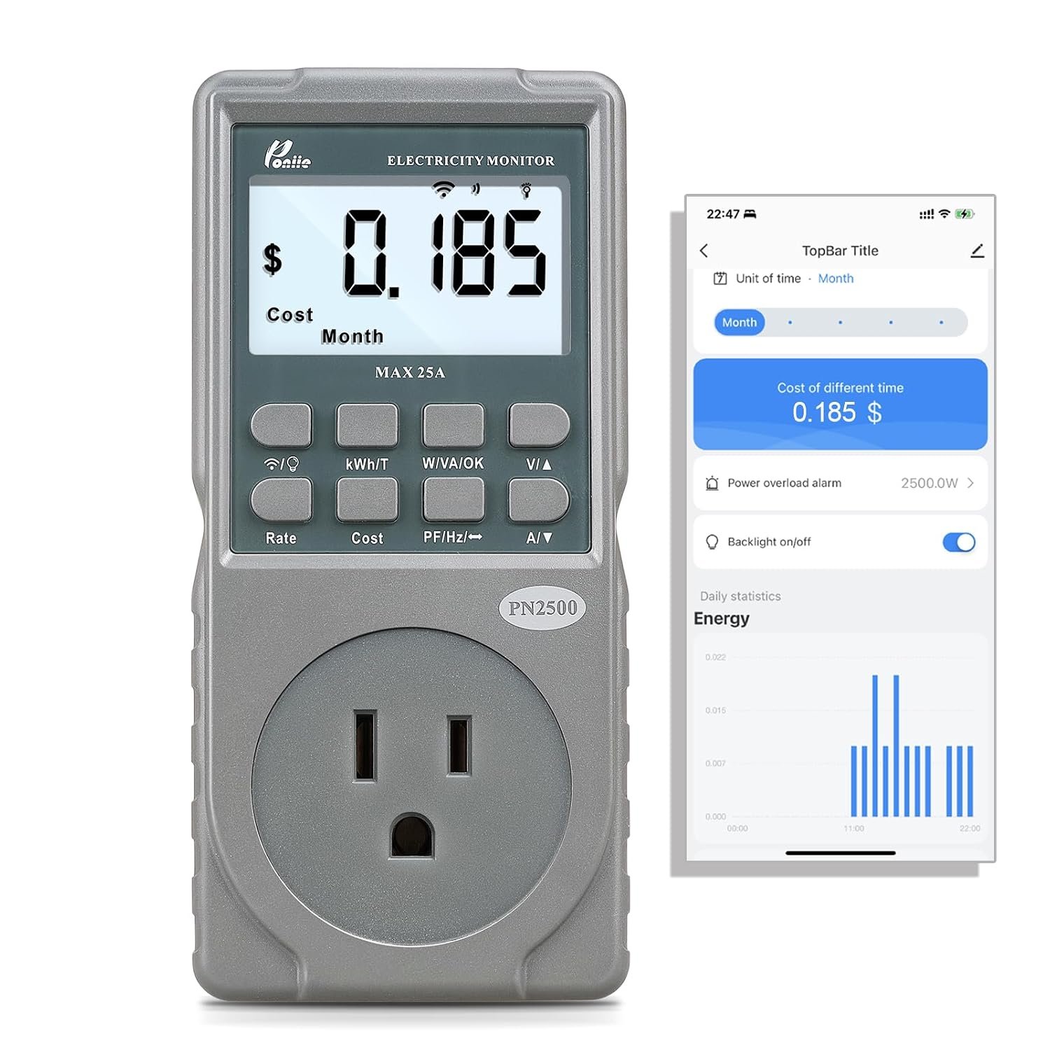 PN2500 Professional NEMA 5-15 Wi-Fi Wireless Level 1 EV Charger Pass-Through Power Usage Monitor (60-240V, 25Amp)