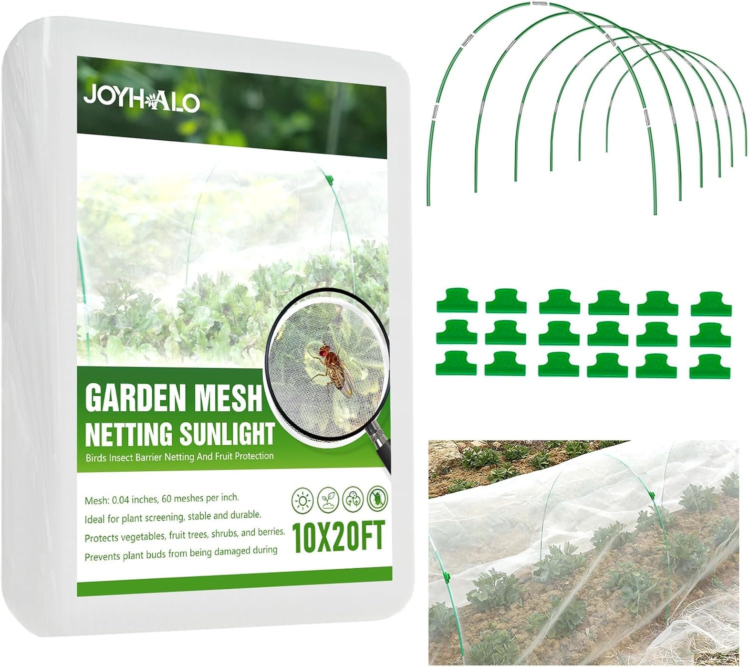 36 Pack Garden Hoops with 10×20 Ft Netting for Raised Beds, 18 Clips | Garden Mesh Netting Kit, 10×20 Ft Net, Bird & Cicada Netting for Trees, Greenhouse & Vegetable Protection, Frost guard