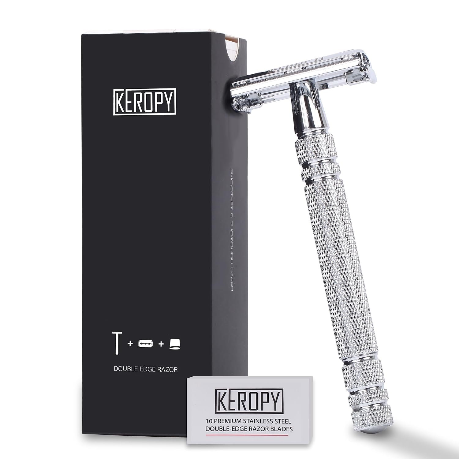 Keropy Double Edge Safety Razor for Men, Gloss Silver | 10 razor baldes, Effortless Glide, Close shave, long handle