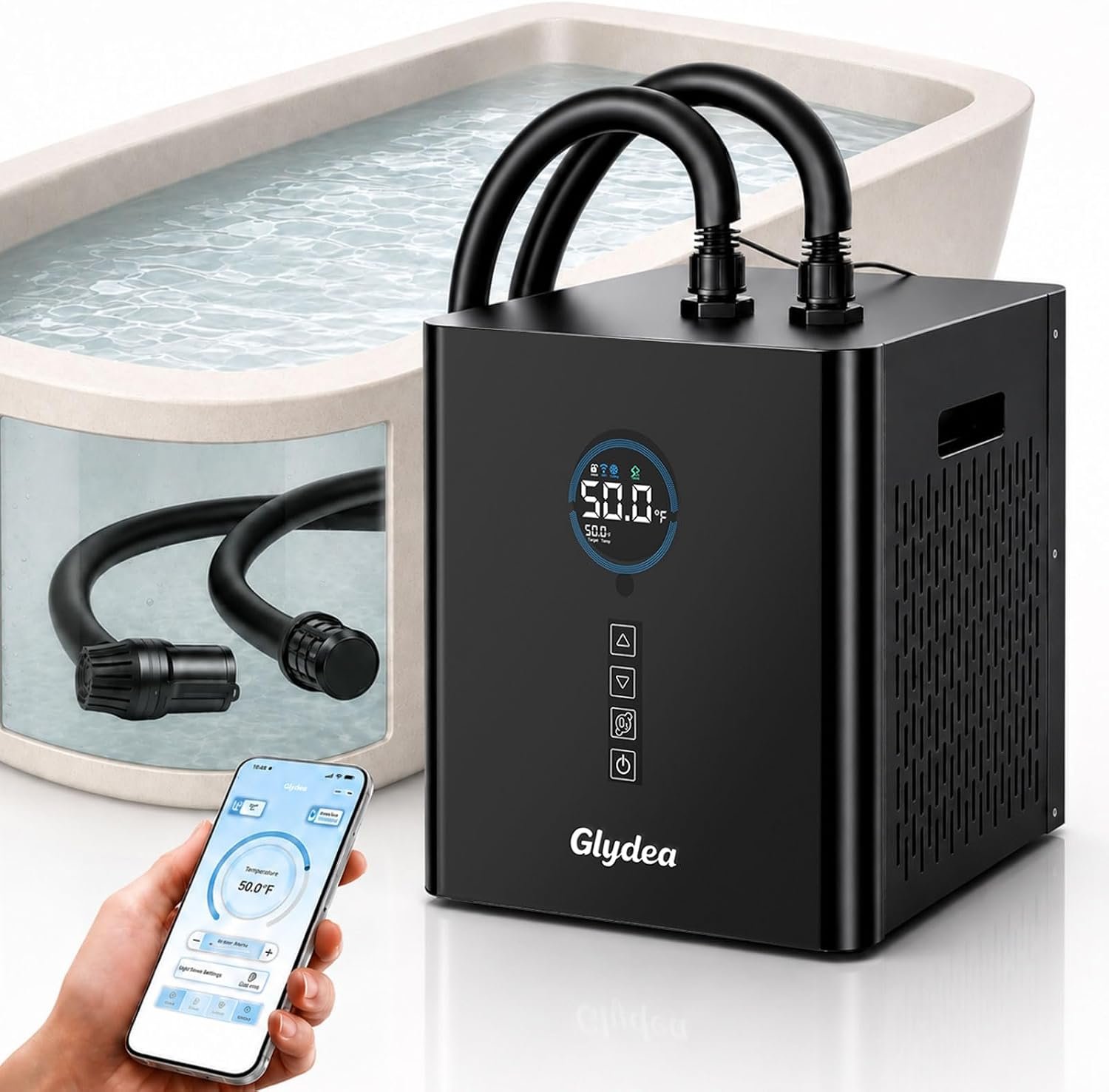 Ice Bath Chiller for Cold Plunge Tubs, 1/3HP 330W Glydea Cold Plunge Water Chiller with Built-in Ozone Function, 24/7 Water Flow, Dual Filtration, Upgraded Hose and Pump, Large LED Color Display