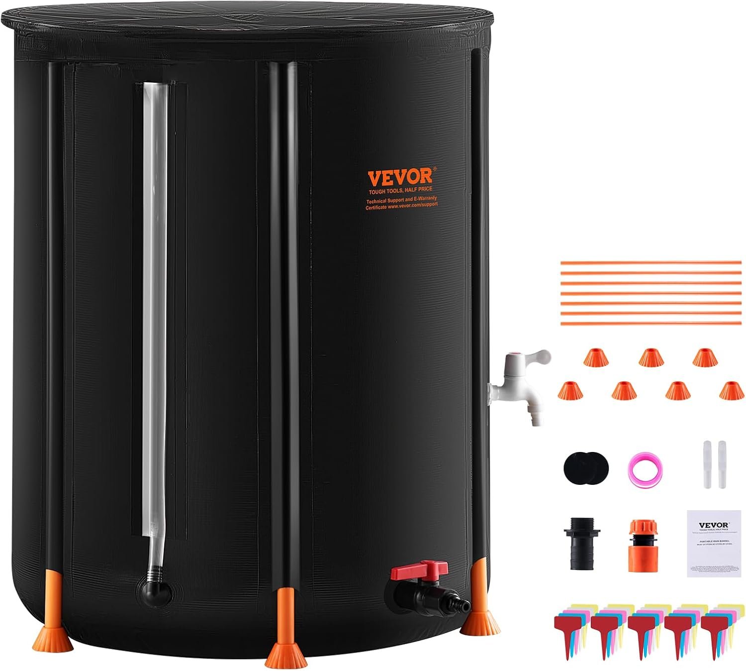 VEVOR Collapsible Rain Barrel, 100 Gallon/380 L Portable Water Tank, PVC Rainwater Collection Barrel with Spigots and Overflow Kit, Water Barrel for Garden Water Catcher | For Garden Water Catcher, 1000D Waterproof PVC Rainwater Collection Barrel Container with Spigots and Overflow Kit, Black