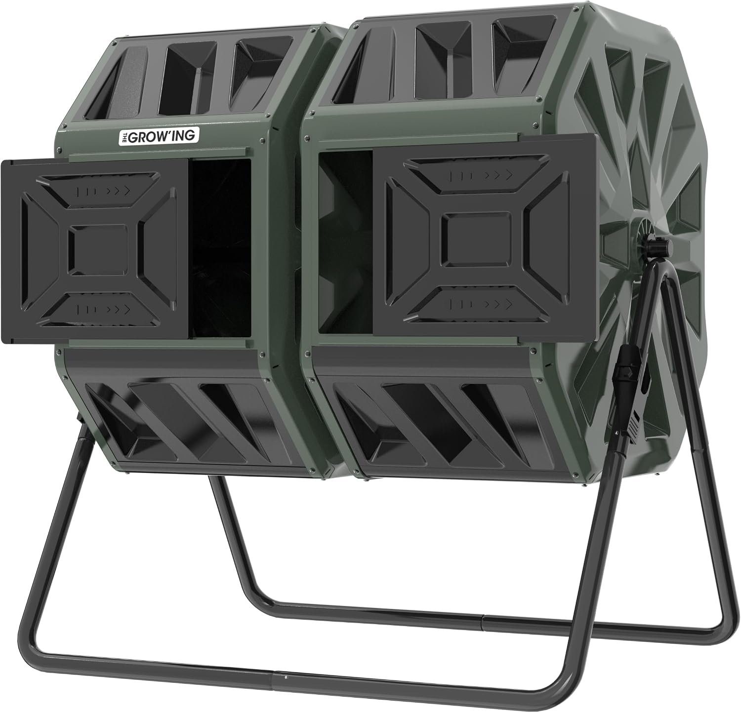 THE Growing 53 Gallon Large Outdoor Compost Bin Tumbler Barrel, Green | Dual 26.5gal lawn-matching chambers for bulk waste. Reinforced frame adds stability. Easy outdoor bolt structure assembly.