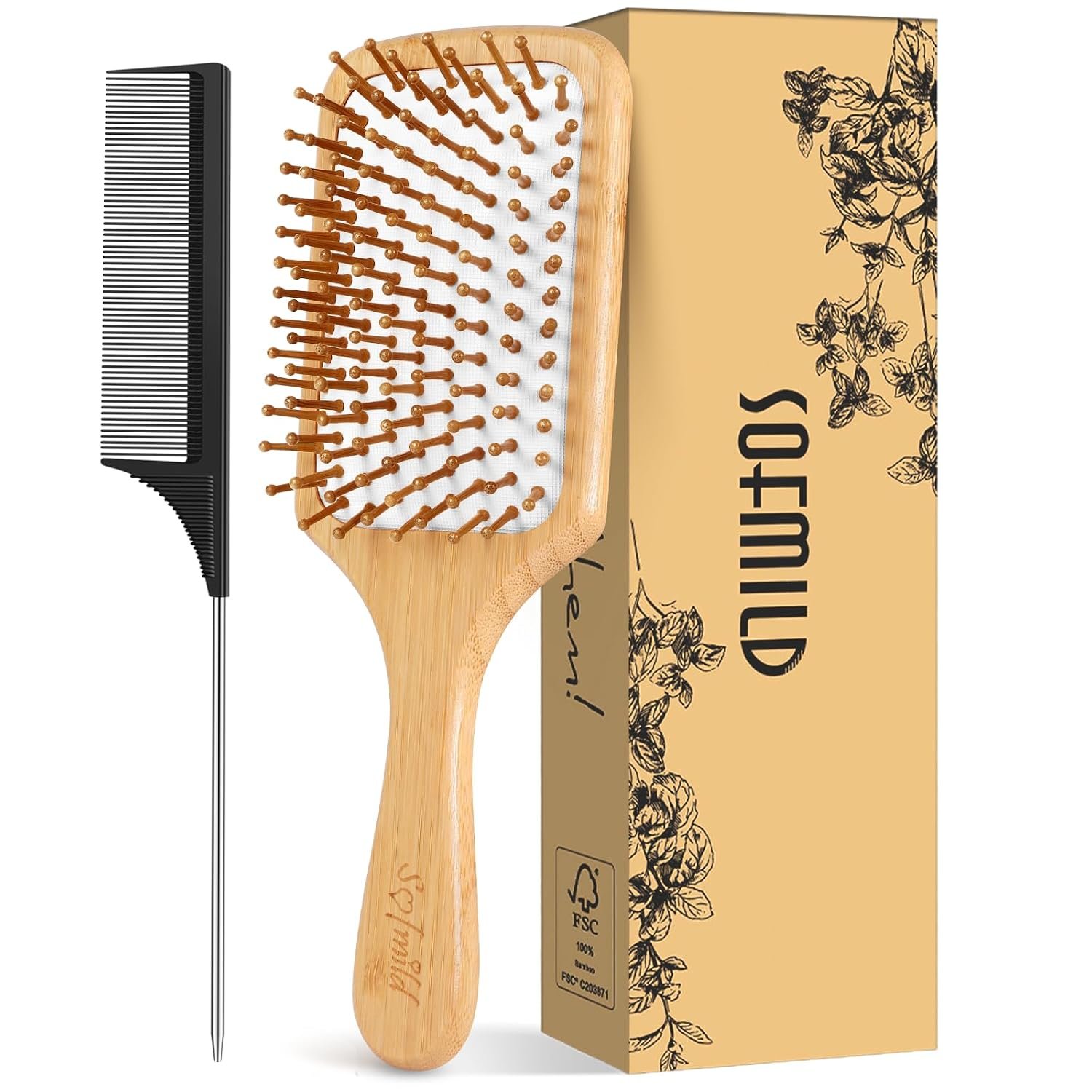 Sofmild Bamboo Hair Brush with Tail Comb, Detangling Paddle Brush | Wooden Paddle Brush with Ergonomic Handle for Thick Curly Thin Long Hair,Detangler Brush for Hair Growth and Massage Scalp