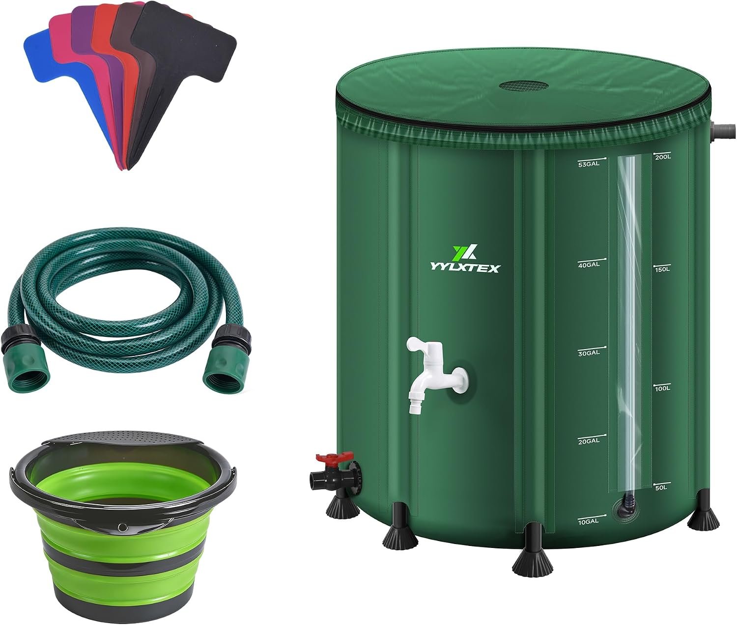 53 Gallon/200L Collapsible RainWater Collection Barrel,Water Tank&Reinforced with 2mm Frame Portable Rain Catcher,Includes Quick-Connect Tap&Sprinkler,Heavy Duty 0.6mm PVC for Long-Lasting Use,Green