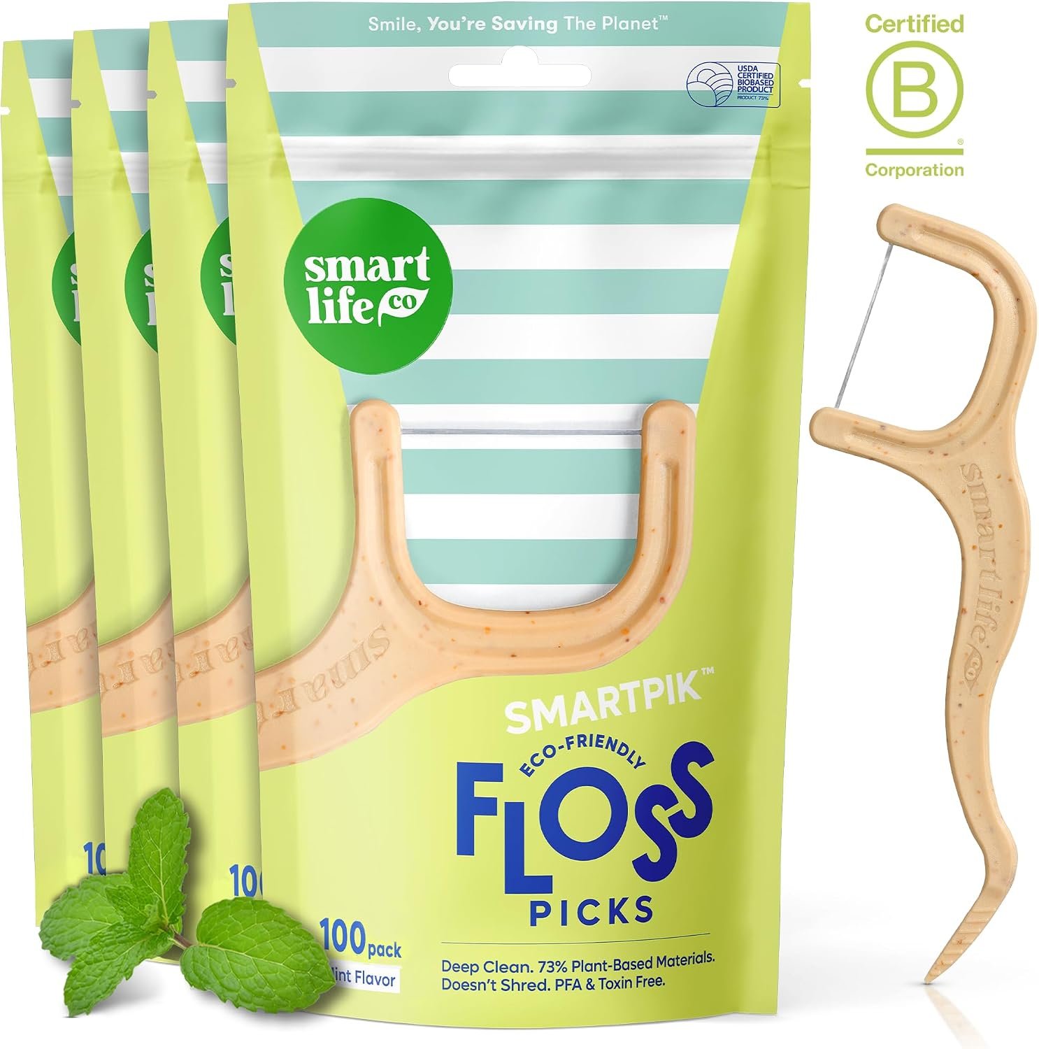 SmartLifeco Eco-Friendly Dental Floss Picks (400ct) – Flossers Made with Straw Wheat Blend, Superior Anti-Shred Thread for Tight Gaps, Tooth Pick Stick for Adults, Soft on Gum & Teeth, Vegan, Mint