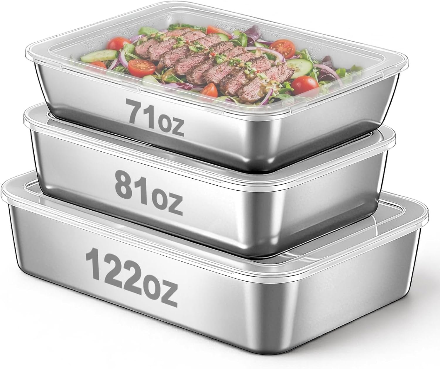 Zhehao 3 Pack Stainless Steel Meal Prep Container with Plastic Lids (122oz+81oz+71oz), Airtight Prep Containers, Stackable Kitchen Organizers for Pantry, Fridge, Freezer & Meal