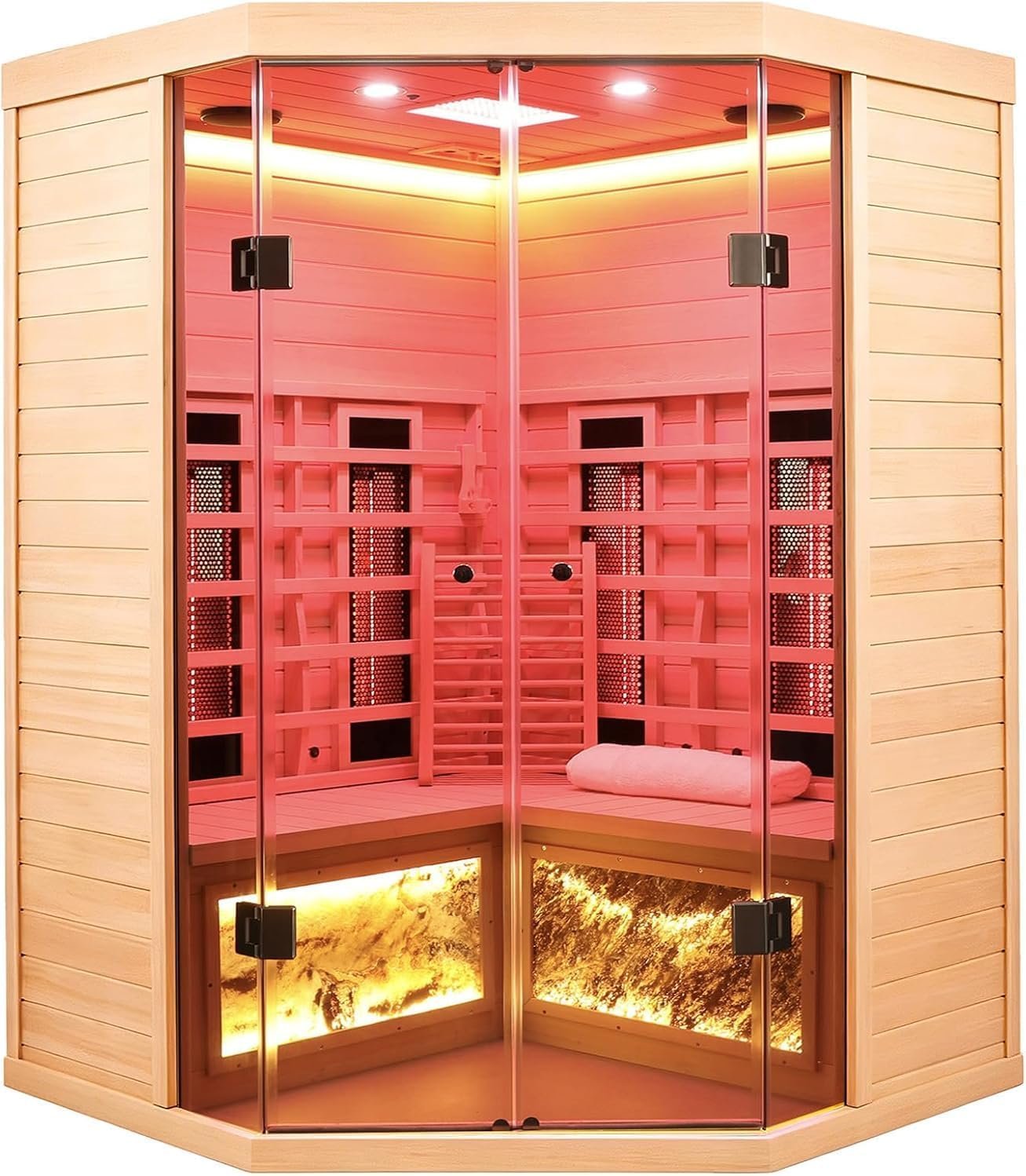 Ceramic Infrared Sauna 2-3 Person, 660nm & 850nm Red Light Therapy Infrared Saunas, Far & Near Infrared Corner Sauna, 1810W/120V Wooden Home Indoor Sauna Room