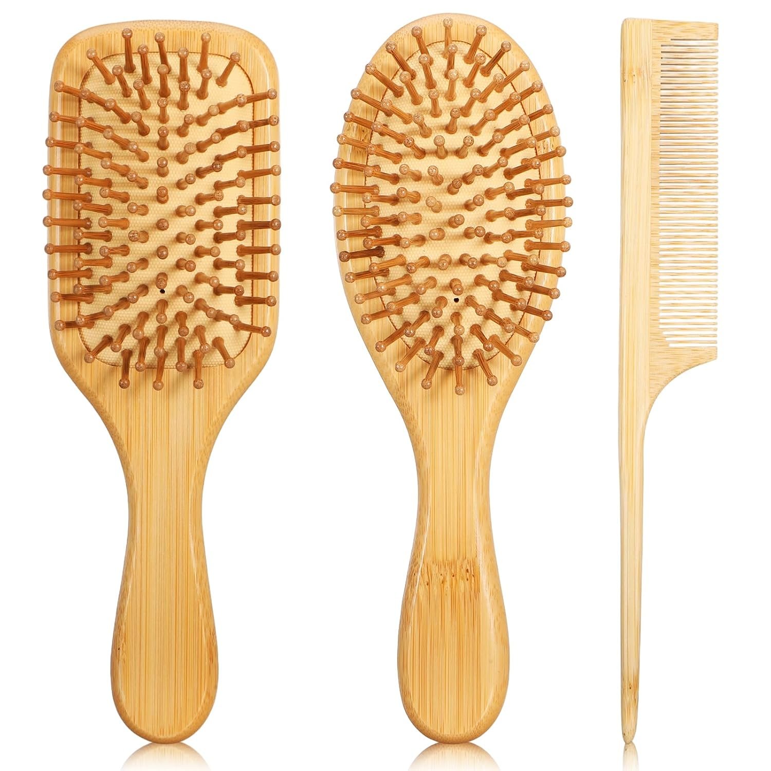3Pcs Bamboo Hair Brush Set, Natural Wooden Paddle Brush with Bamboo Bristles for Detangling Smoothing, Scalp Massage Hairbrush for All Hair Types Women Men