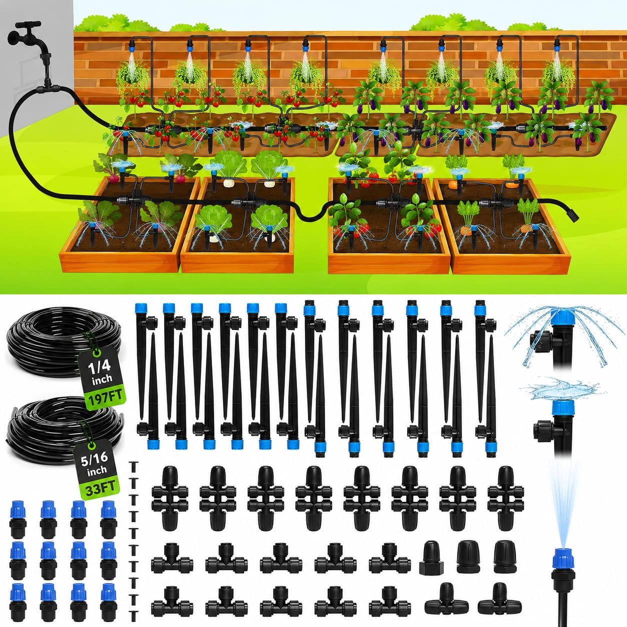 Drip Irrigation System Kit for Garden Watering, 230FT Quick Connect | For Garden, Raised Beds, Greenhouses, with 33FT 5/16″ Mainline + 1/4″ Tubing + 40 Emitters, 20-45 PSI and up to 40 GPH