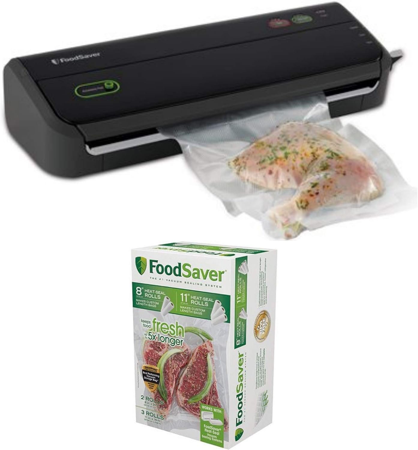 FoodSaver FM2000 Vacuum Sealer System with Starter Bag/Roll Set and 8″ & 11″ Vacuum Heat-Seal Rolls