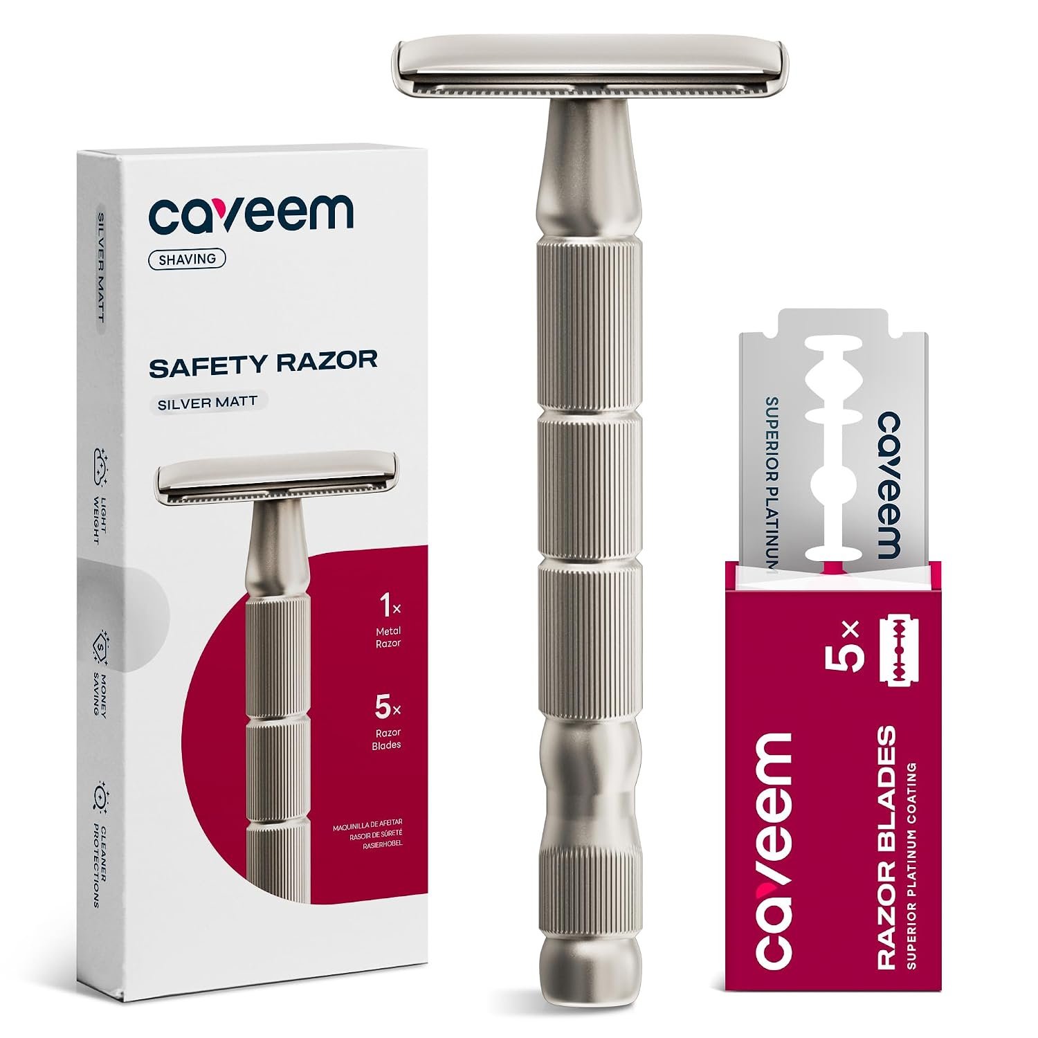 CAVEEM Double Edge Safety Razor for Women & Men, Silver Matte | Starter Kit With 5 Replacement Blades, Textured Grip, Easy Blade Change, Washable Design, Compact For Travel