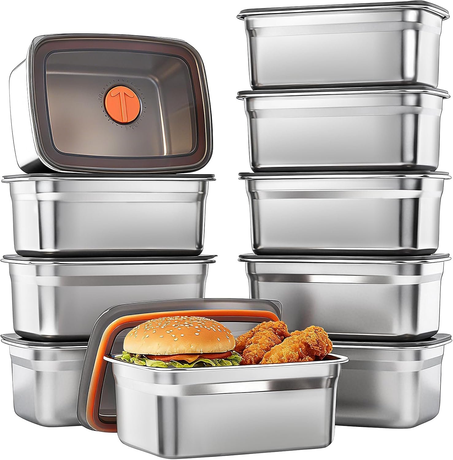 10 Pack Stainless Steel Food Storage Containers with Airtight Lids, 50 Oz Each – Stackable, Leakproof Kitchen/Freezer Meal Prep Containers (Dishwasher Safe)