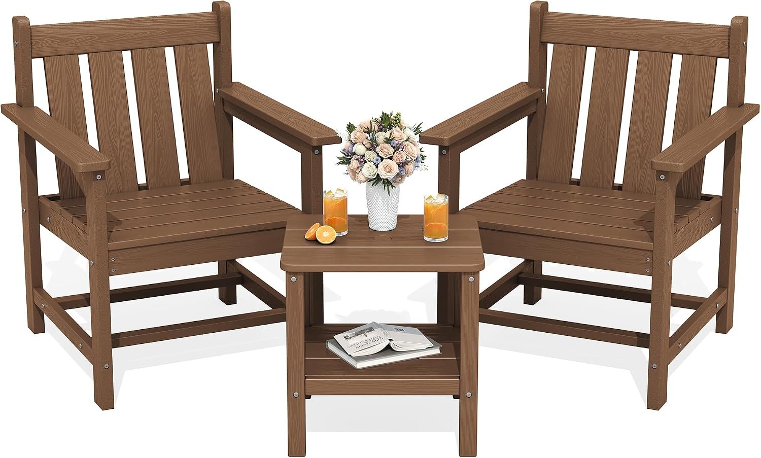 SERWALL 3 Pieces Patio Bistro Set-Outdoor Chairs with Side Table,Brown | All Weather Adirondack Chair Set with Side Table,HDPE Material Outdoor Patio Bistro Set for Balcony,Porch,Garden,Backyard