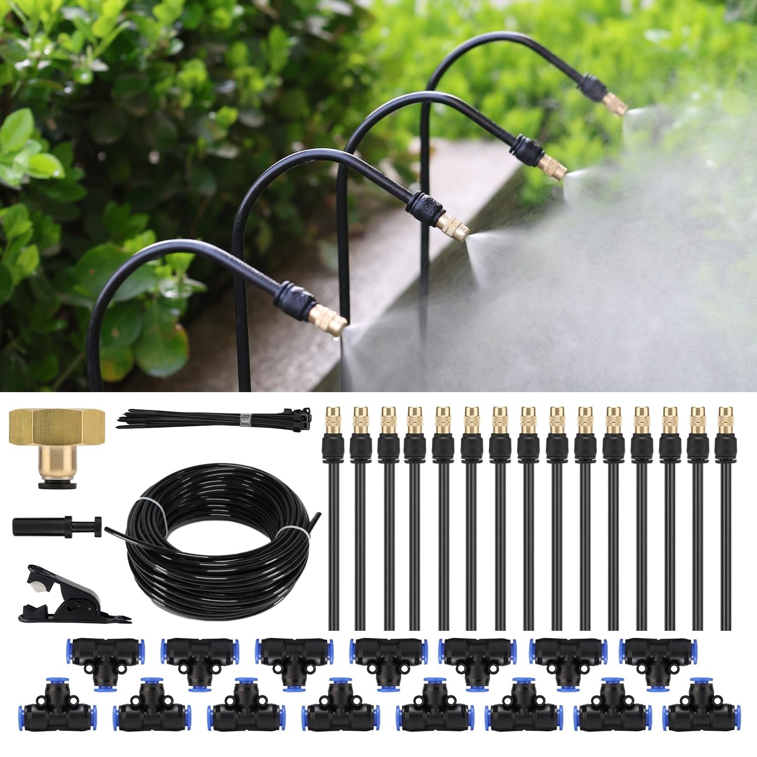 50FT Drip Irrigation System, Complete Garden Watering Kit with Rust-Proof Copper Nozzles – UV Stabilized Flexible Hose for Lawn, Greenhouse, Patio Plants