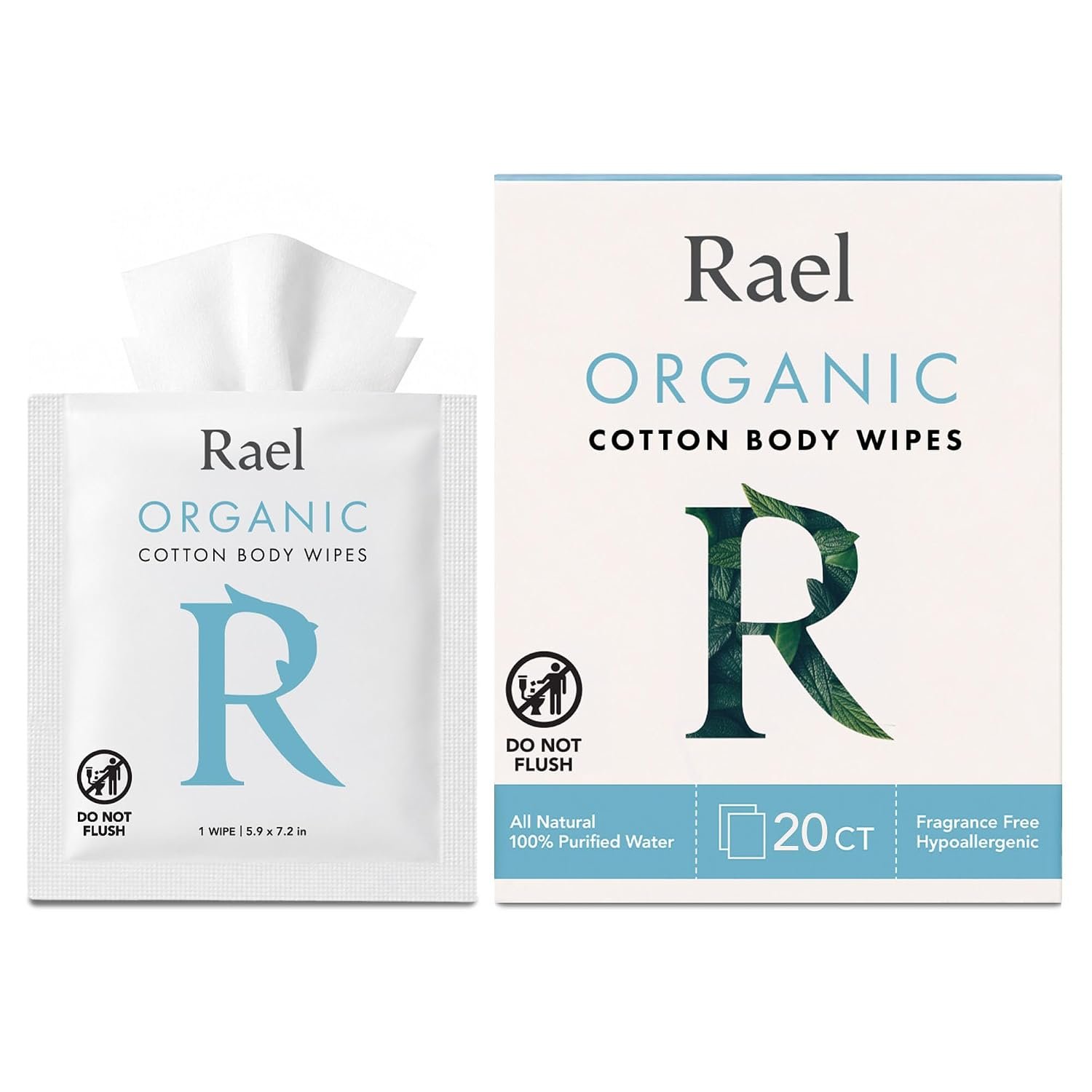 Rael Organic Cotton Wipes, Body Cloth, On-the-Go, All Skin Types (20 Ct) | Individually Wrapped, Daily Body Care, Fragrance Free, Alcohol Free, Hygienic, Suitable for Sensitive Skin